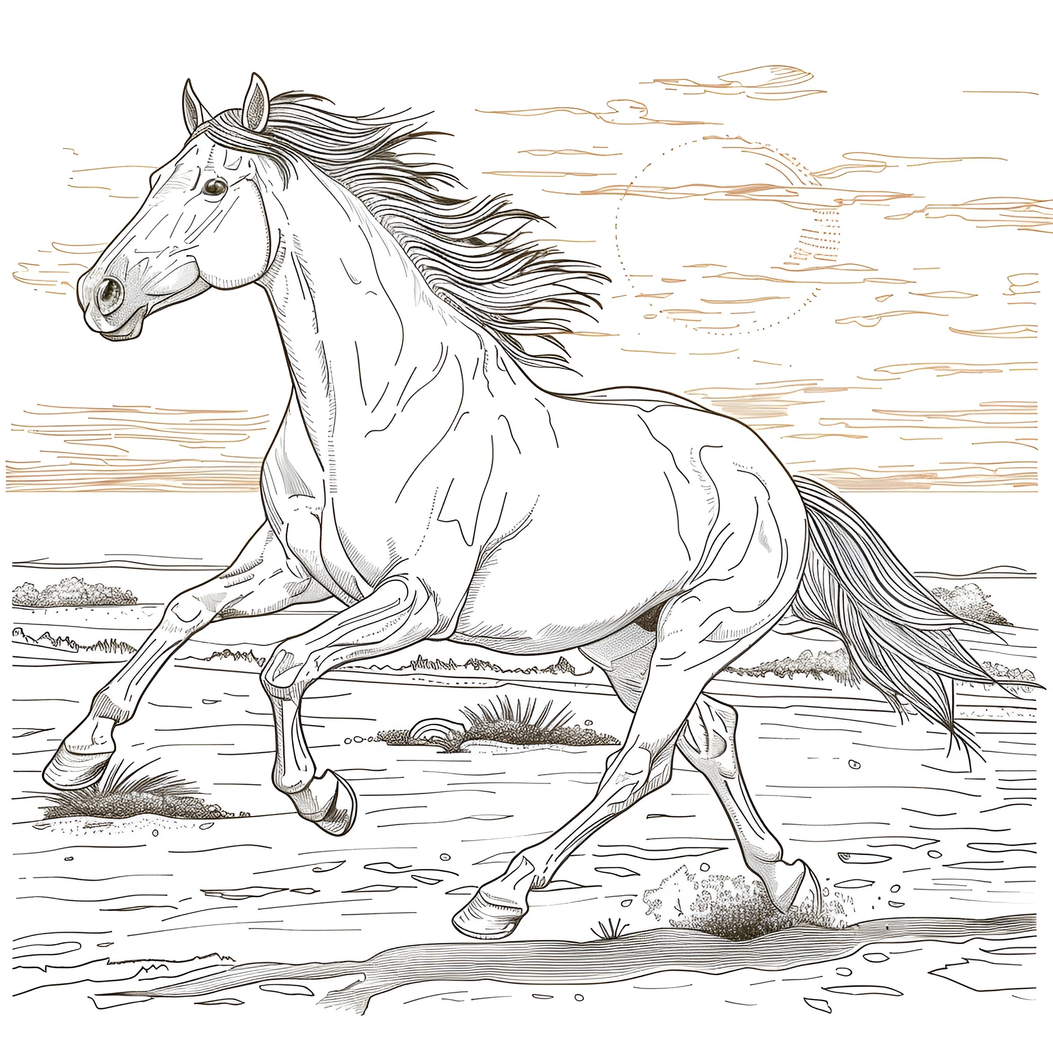 Horse running freely across open landscape Coloring Page (free black-and-white line drawing printable PDF for all, from beginners to advanced learners, including children, teens, adults, and seniors)