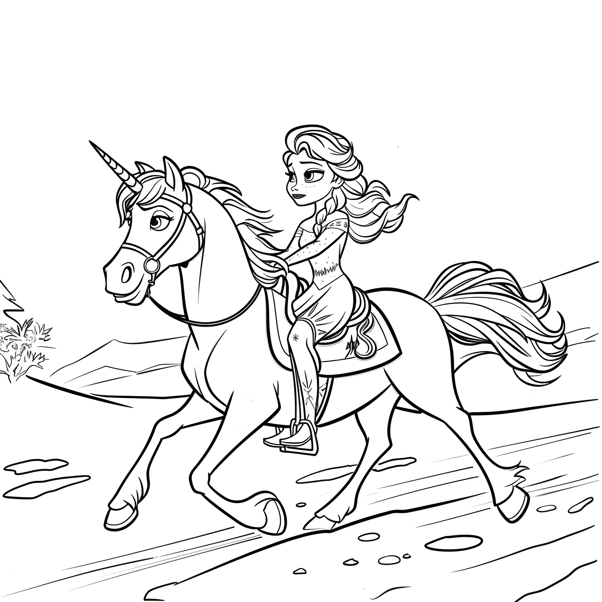Elsa riding a majestic unicorn Coloring Page (free black-and-white line drawing printable PDF for all, from beginners to advanced learners, including children, teens, adults, and seniors)