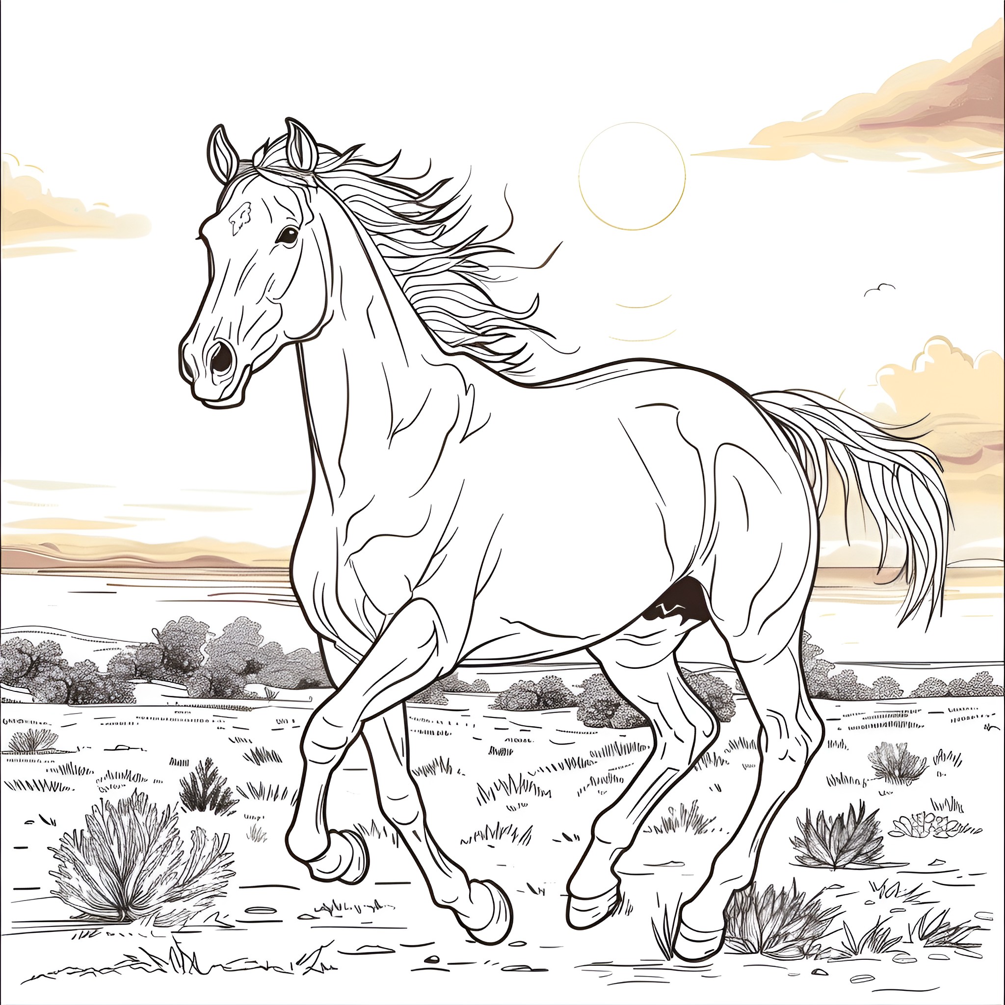 Horse galloping freely in nature Coloring Page (free black-and-white line drawing printable PDF for all, from beginners to advanced learners, including children, teens, adults, and seniors)