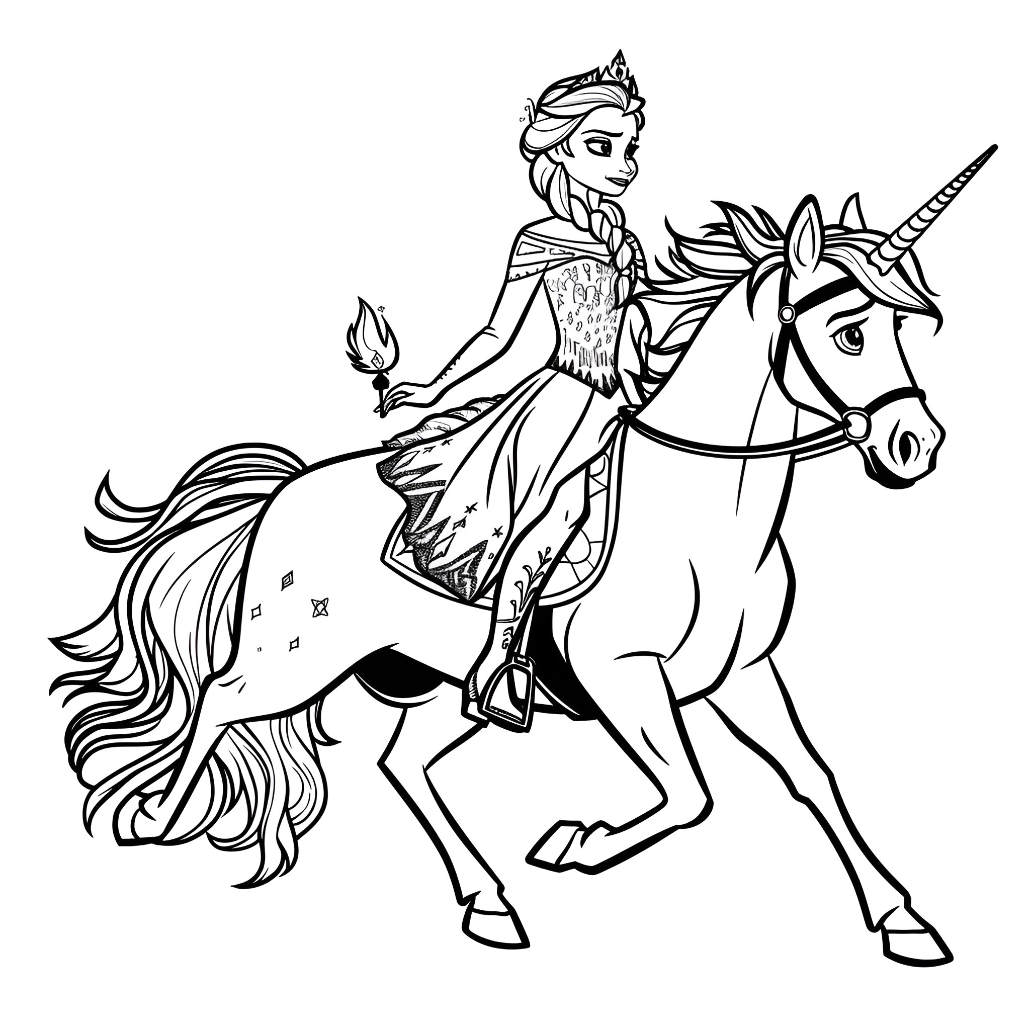 Elsa riding a majestic unicorn Coloring Page (free black-and-white line drawing printable PDF for all, from beginners to advanced learners, including children, teens, adults, and seniors)