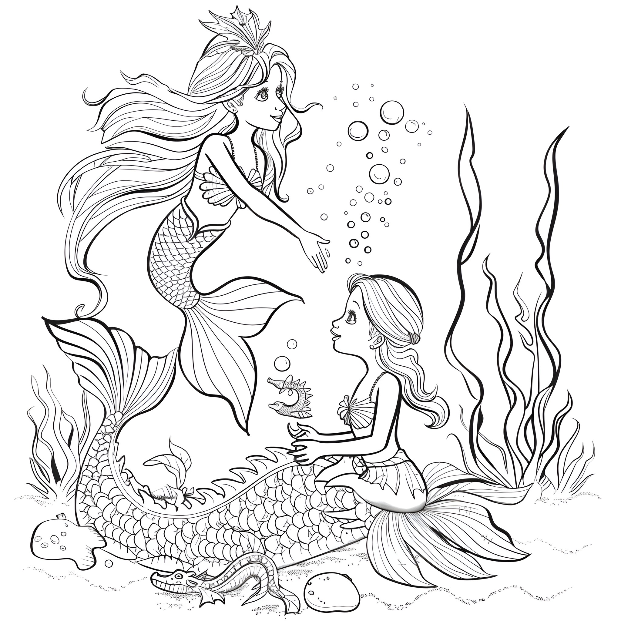 Mermaid sisters exploring the underwater world Coloring Page (free black-and-white line drawing printable PDF for all, from beginners to advanced learners, including children, teens, adults, and seniors)