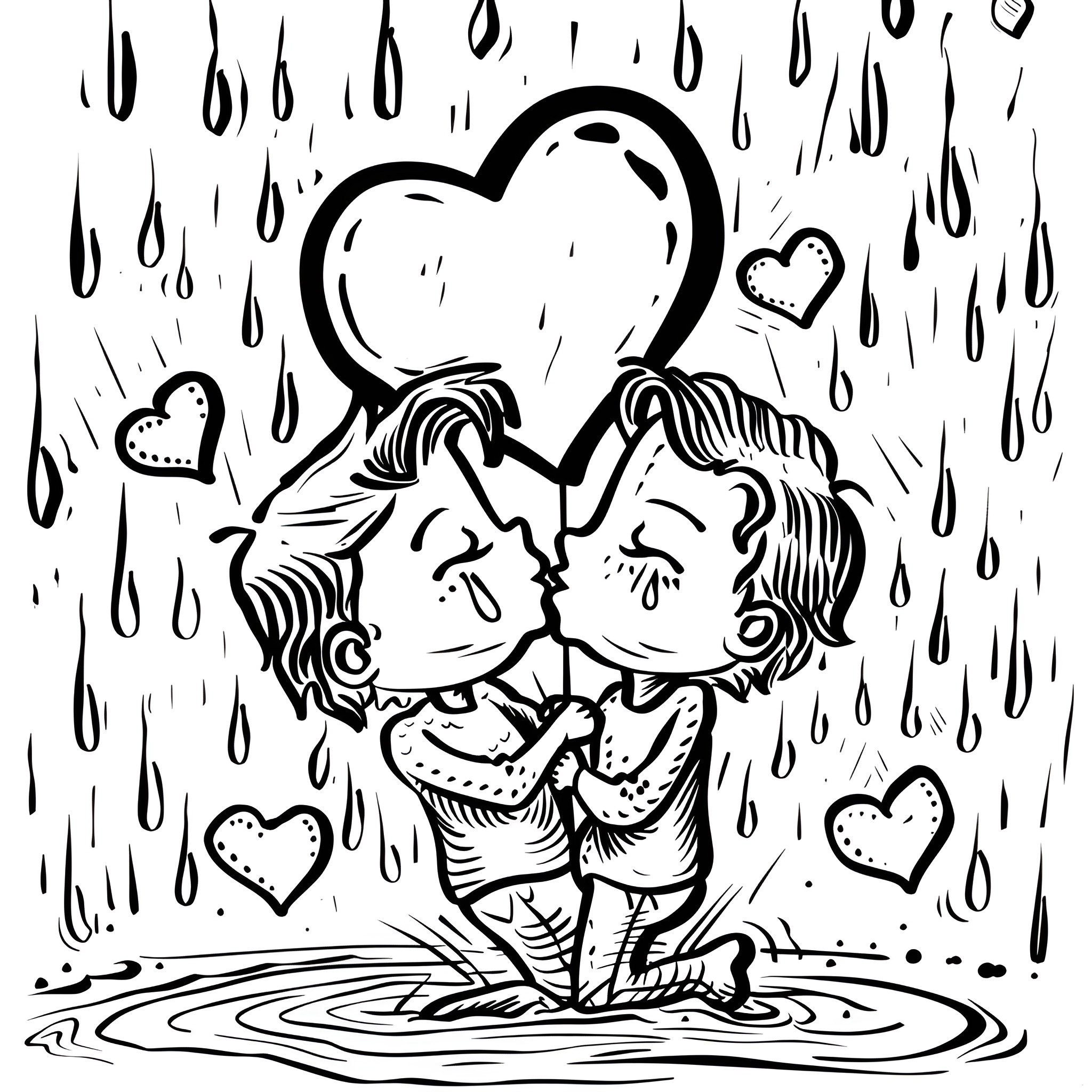 Valentine's Day couple embracing in the rain Coloring Page (free black-and-white line drawing printable PDF for all, from beginners to advanced learners, including children, teens, adults, and seniors)