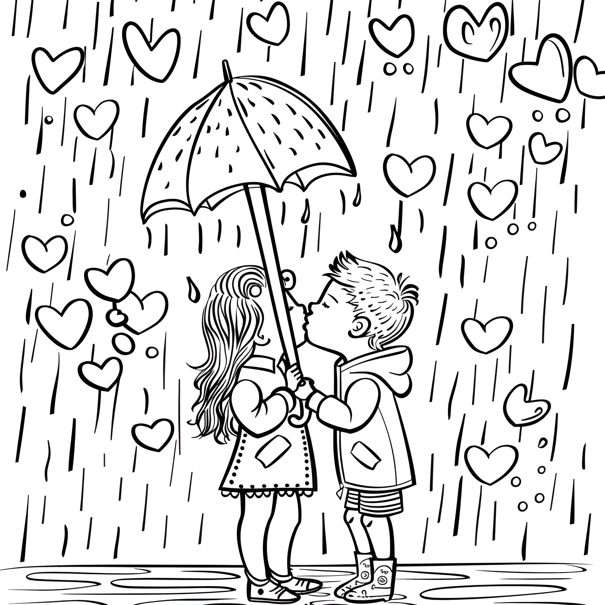 Valentine's Day couple sharing an umbrella in the rain Coloring Page (free black-and-white line drawing printable PDF for all, from beginners to advanced learners, including children, teens, adults, and seniors)