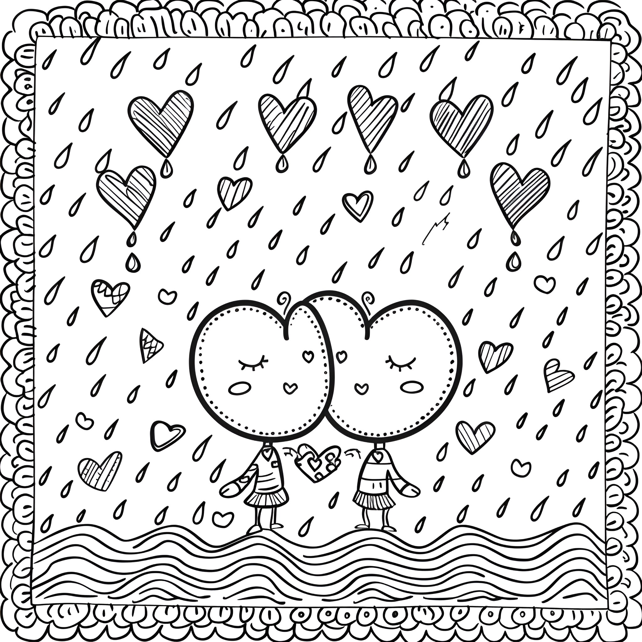 Valentine's Day love birds in the rain Coloring Page (free black-and-white line drawing printable PDF for all, from beginners to advanced learners, including children, teens, adults, and seniors)