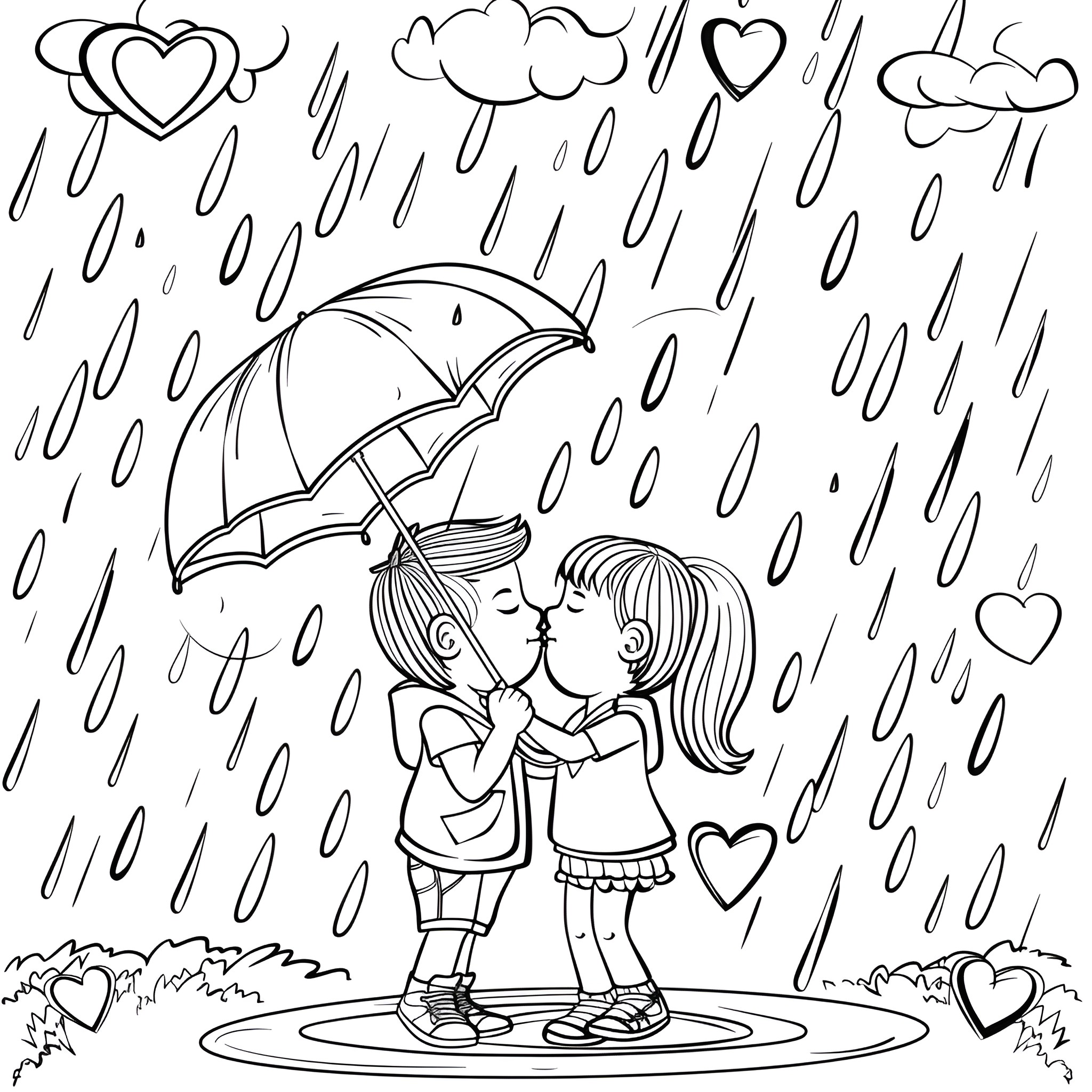 Valentine's Day Couple Kissing in the Rain Coloring Page (free black-and-white line drawing printable PDF for all, from beginners to advanced learners, including children, teens, adults, and seniors)