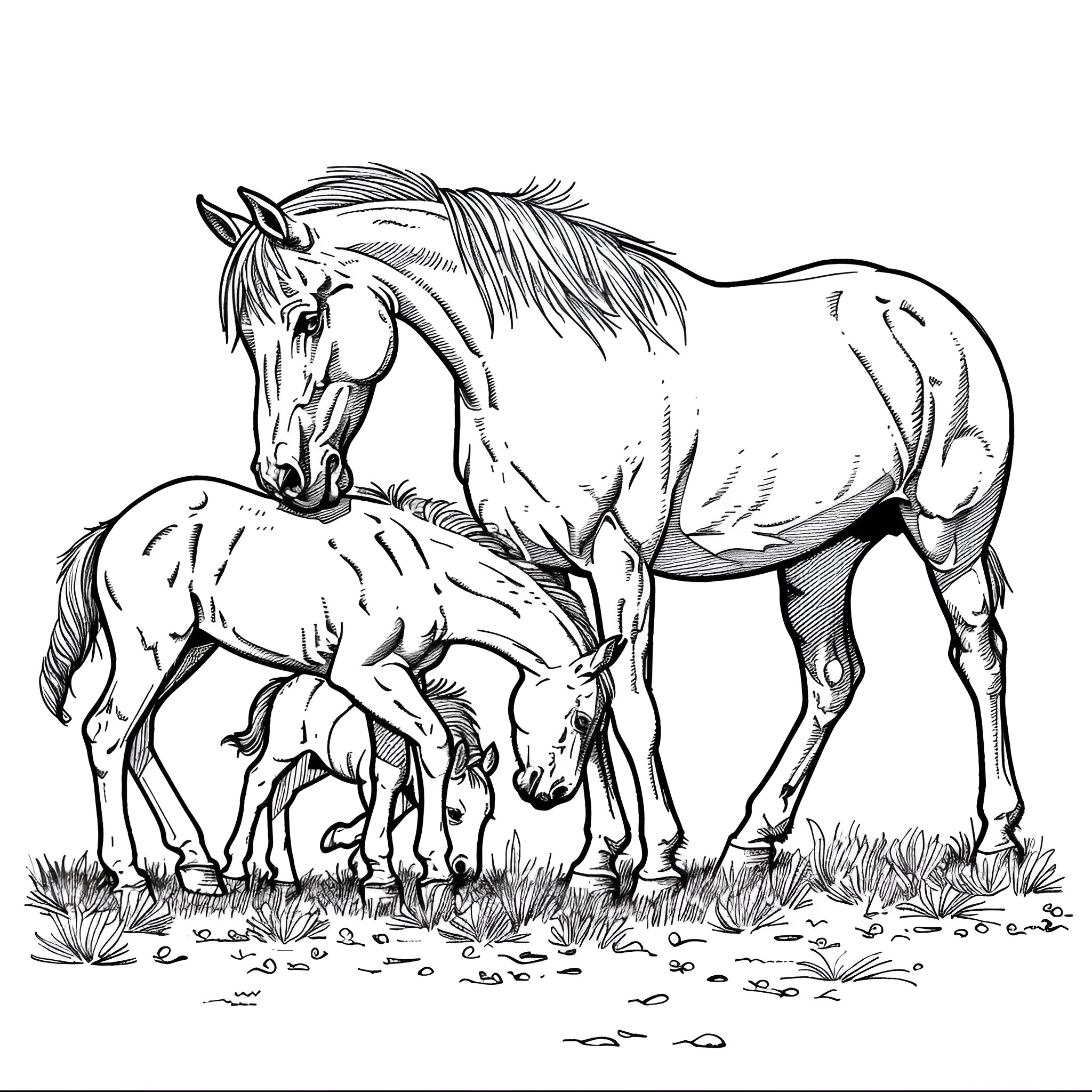 Horse family grazing peacefully in the meadow Coloring Page (free black-and-white line drawing printable PDF for all, from beginners to advanced learners, including children, teens, adults, and seniors)