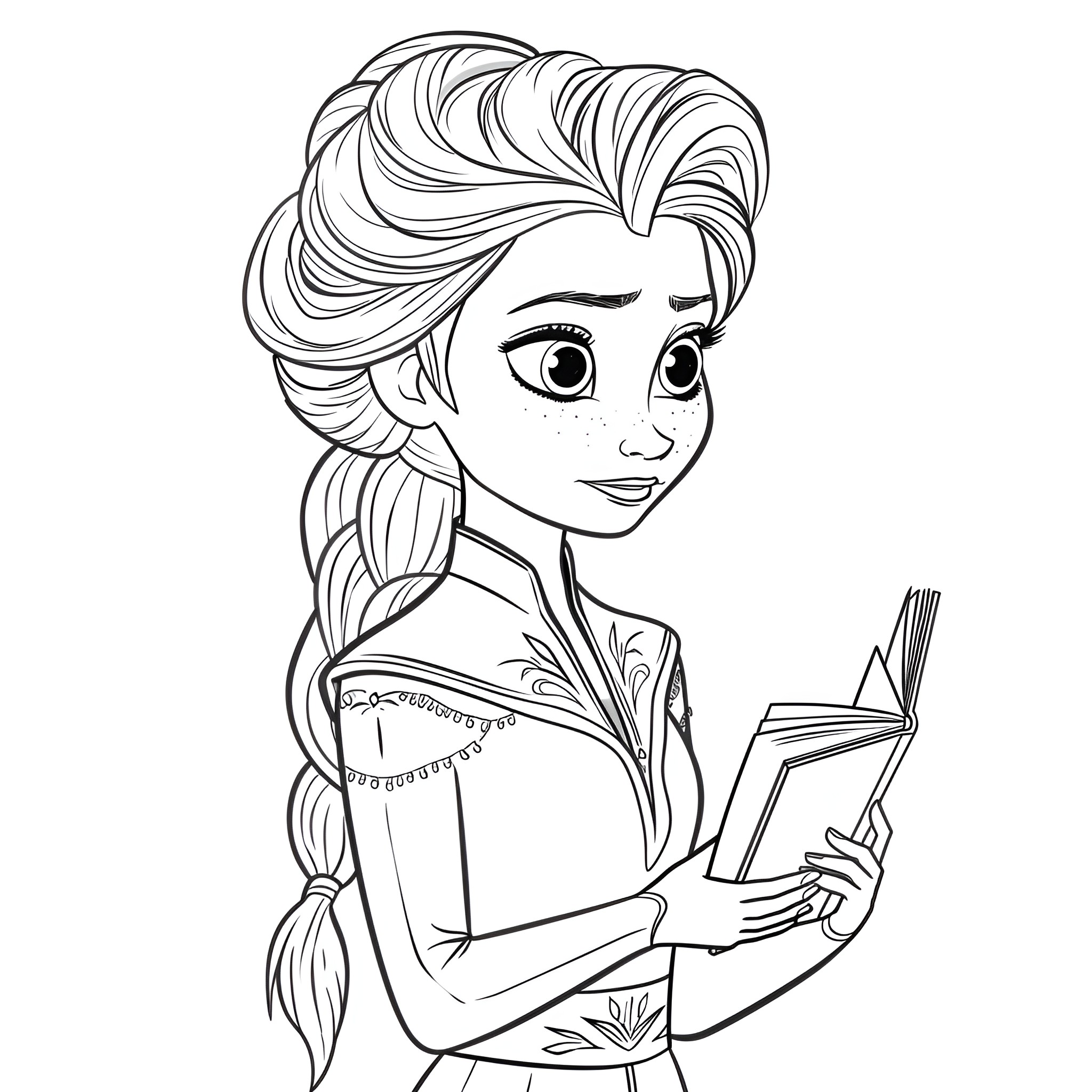 Elsa reading a book thoughtfully Coloring Page (free black-and-white line drawing printable PDF for all, from beginners to advanced learners, including children, teens, adults, and seniors)