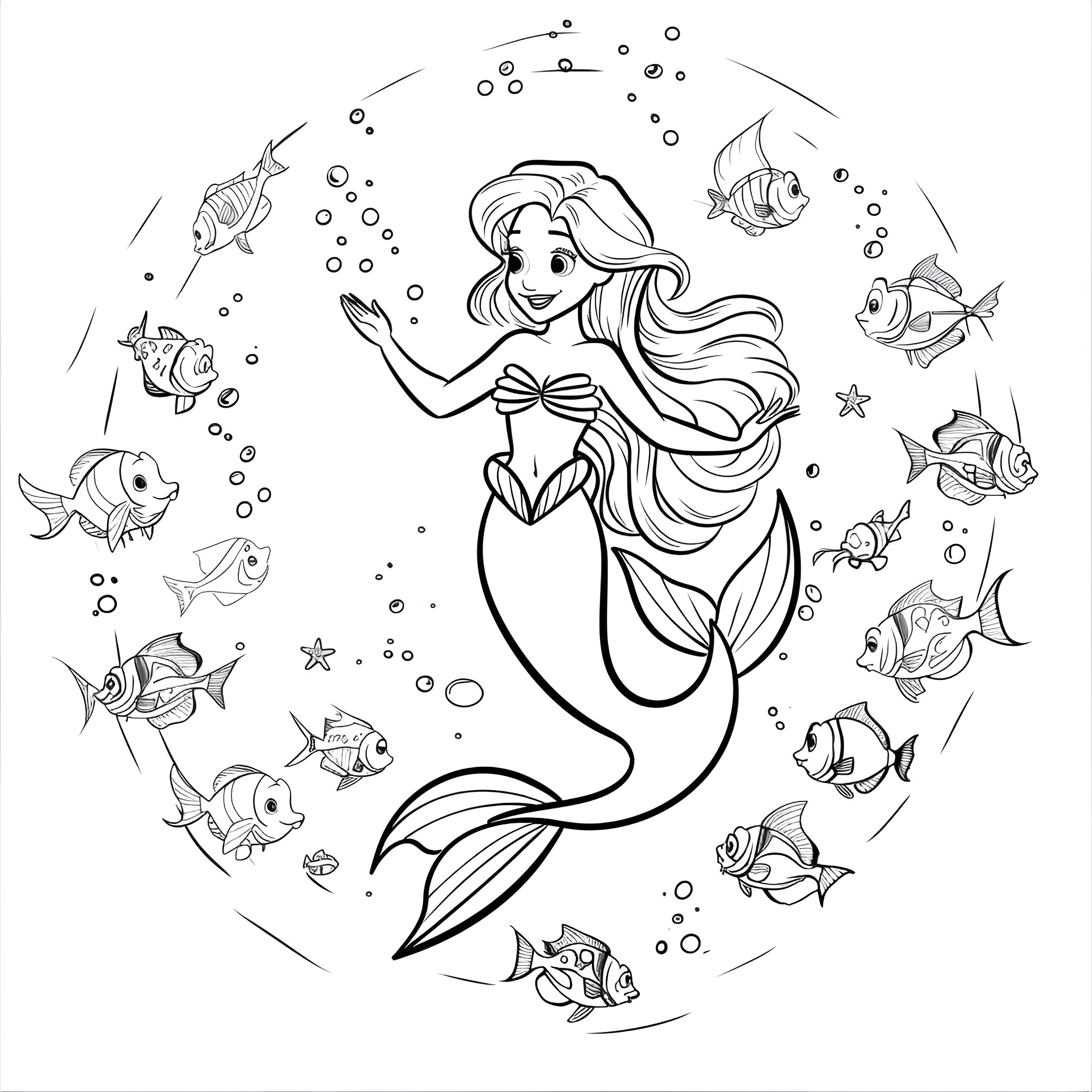 Mermaid surrounded by playful sea creatures Coloring Page (free black-and-white line drawing printable PDF for all, from beginners to advanced learners, including children, teens, adults, and seniors)