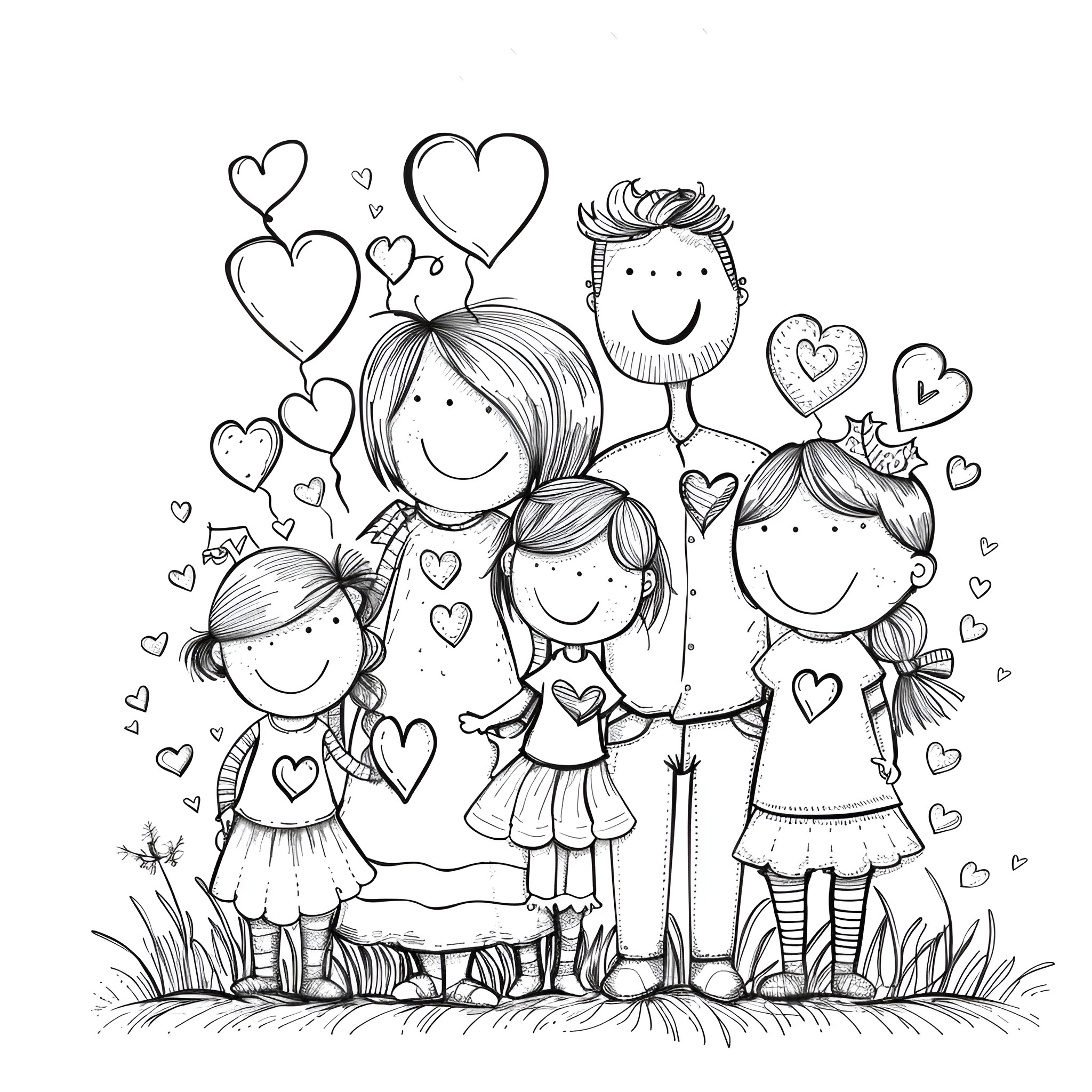 Valentine's Day family love and joy Coloring Page (free black-and-white line drawing printable PDF for all, from beginners to advanced learners, including children, teens, adults, and seniors)