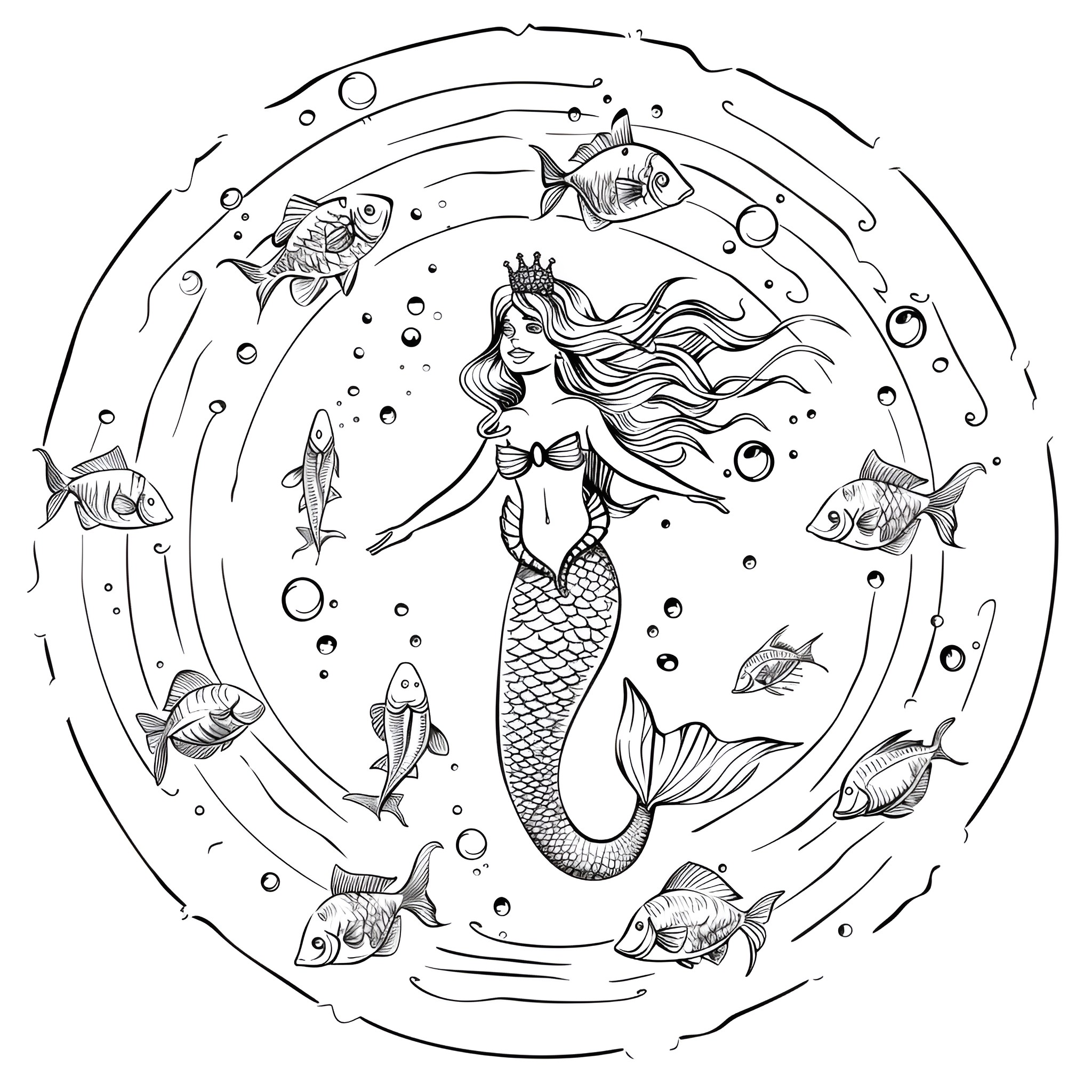 Mermaid surrounded by underwater sea life Coloring Page (free black-and-white line drawing printable PDF for all, from beginners to advanced learners, including children, teens, adults, and seniors)