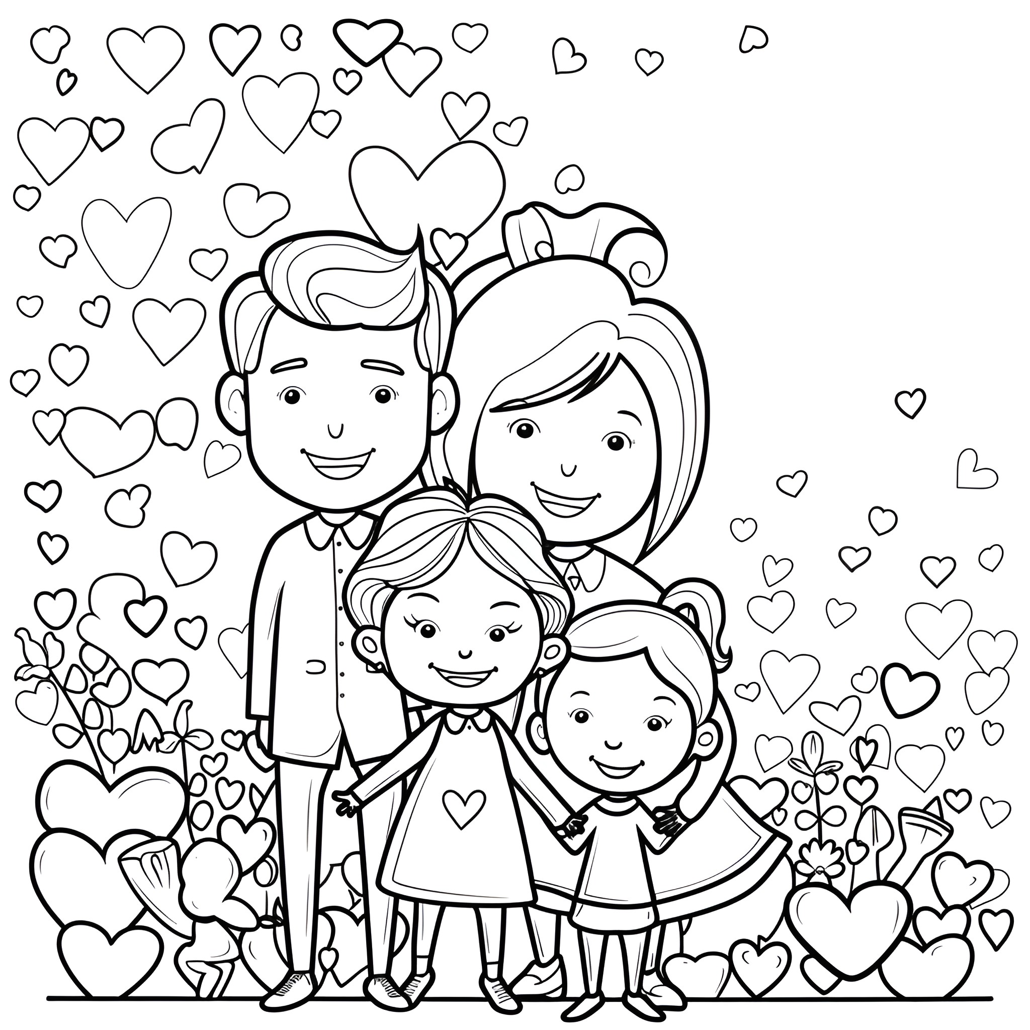 Valentine's Day Family Portrait with Hearts Coloring Page (free black-and-white line drawing printable PDF for all, from beginners to advanced learners, including children, teens, adults, and seniors)