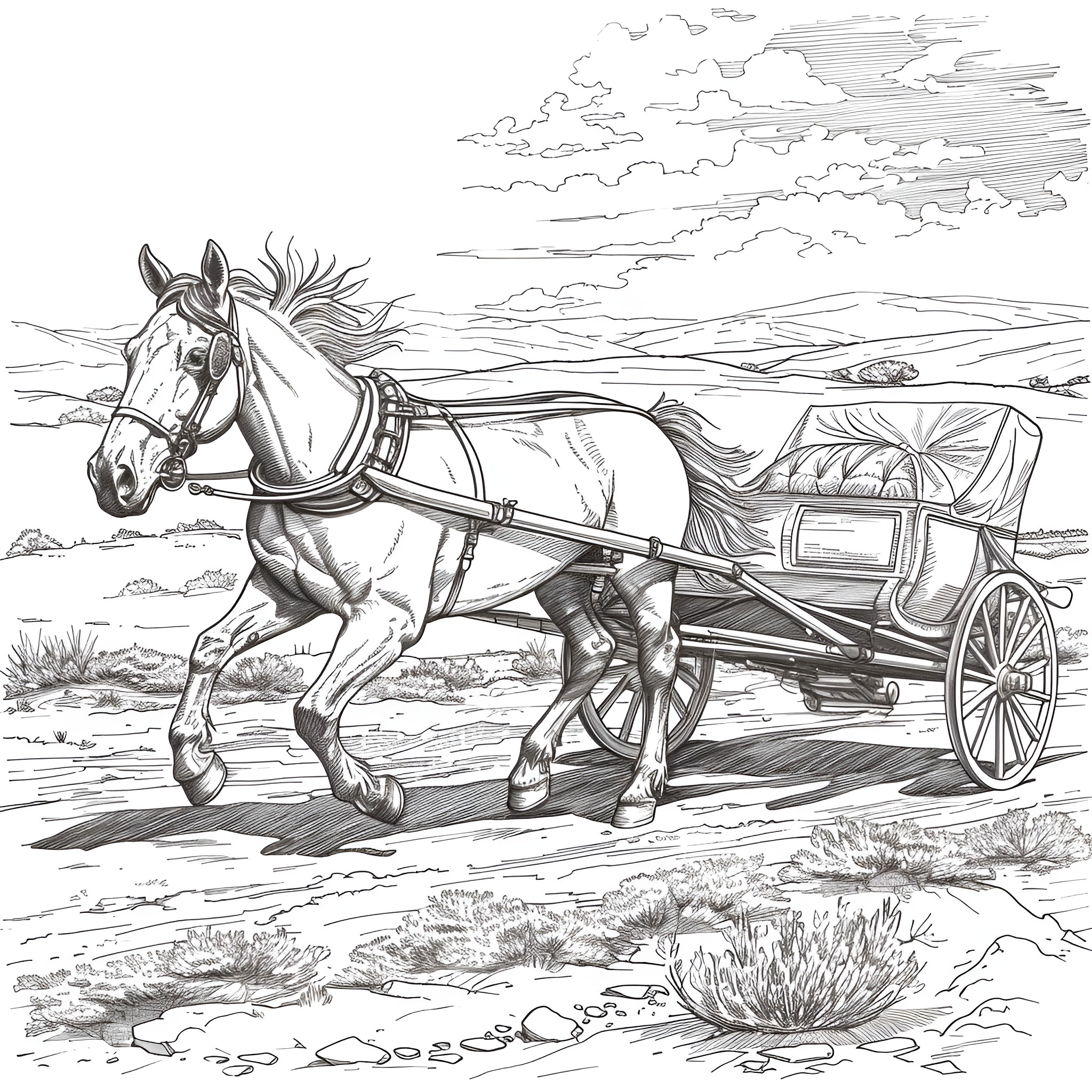 Horse-drawn carriage on countryside landscape Coloring Page (free black-and-white line drawing printable PDF for all, from beginners to advanced learners, including children, teens, adults, and seniors)