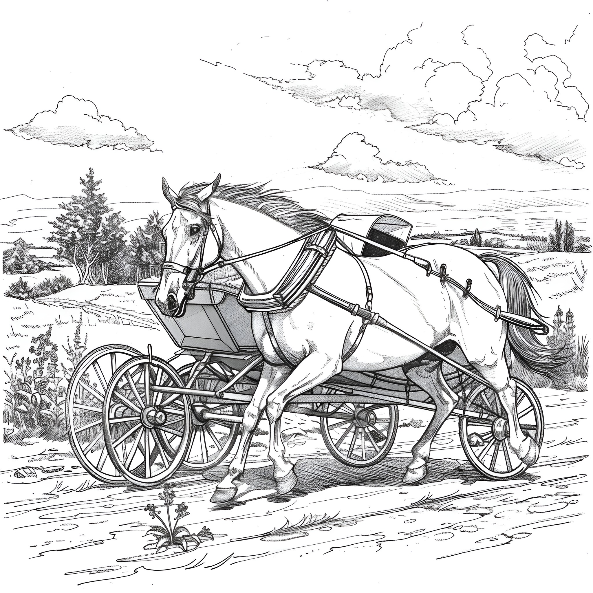 Horse-drawn carriage in rustic countryside Coloring Page (free black-and-white line drawing printable PDF for all, from beginners to advanced learners, including children, teens, adults, and seniors)