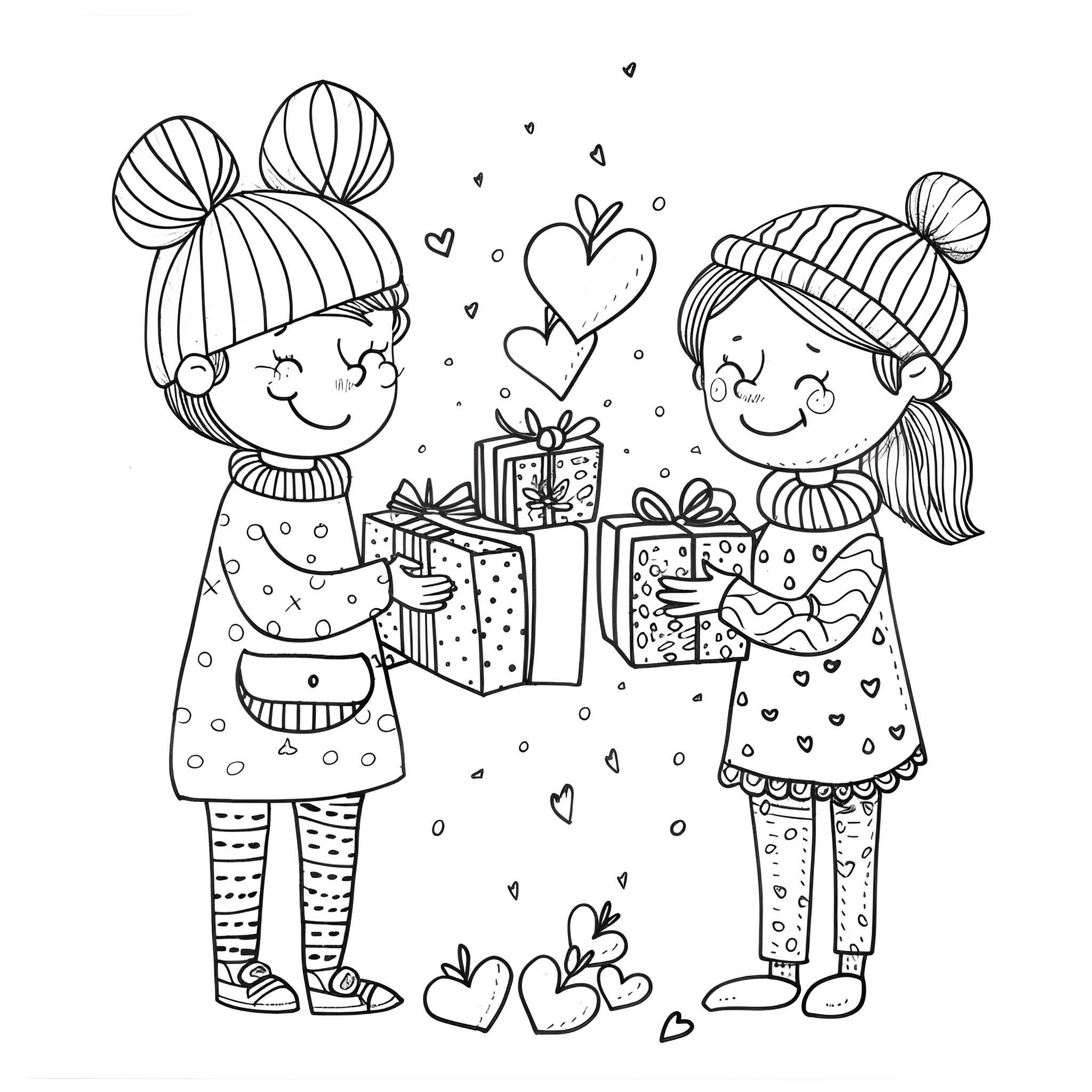 Valentine's Day gifts and love Coloring Page (free black-and-white line drawing printable PDF for all, from beginners to advanced learners, including children, teens, adults, and seniors)