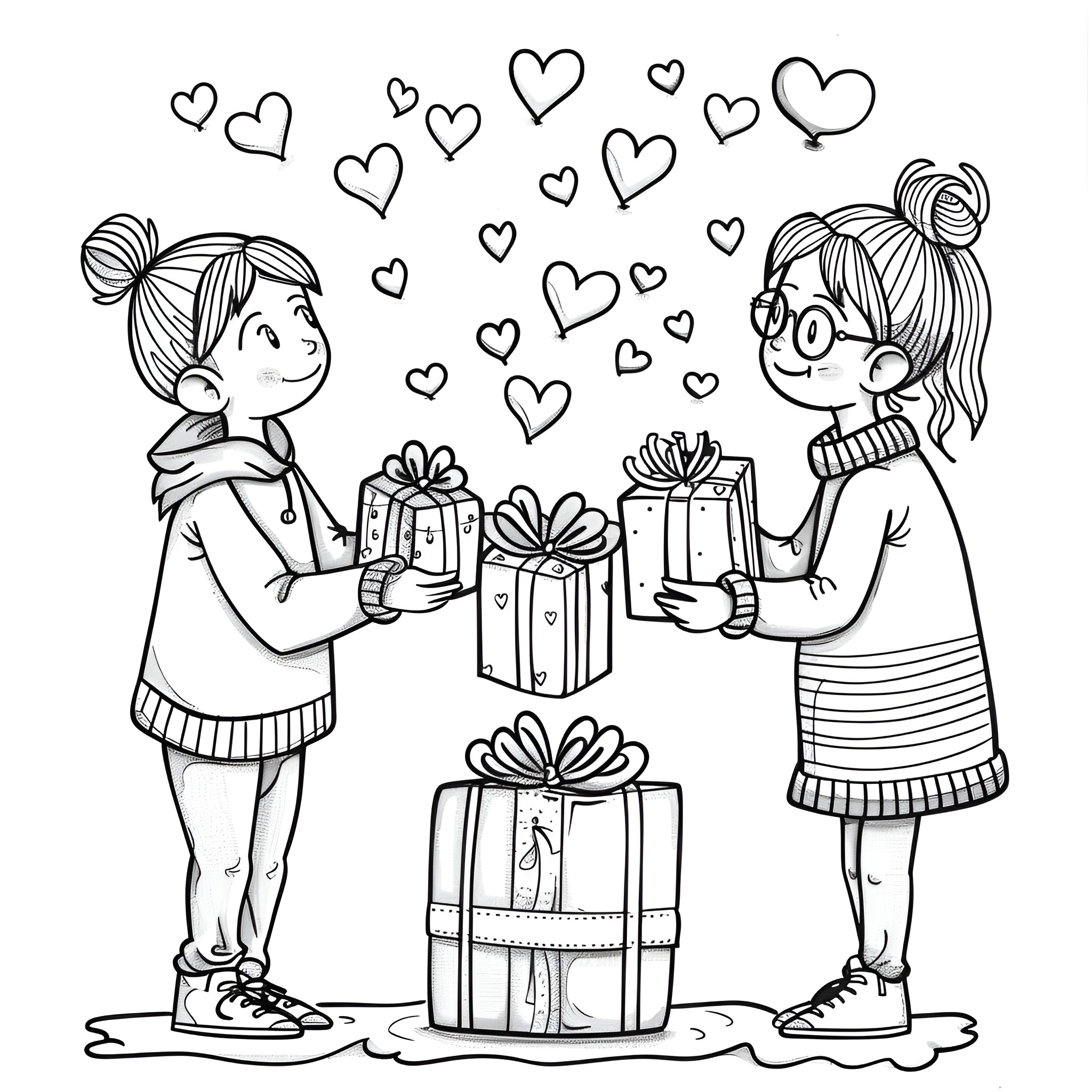 Valentine's Day gift exchange Coloring Page (free black-and-white line drawing printable PDF for all, from beginners to advanced learners, including children, teens, adults, and seniors)