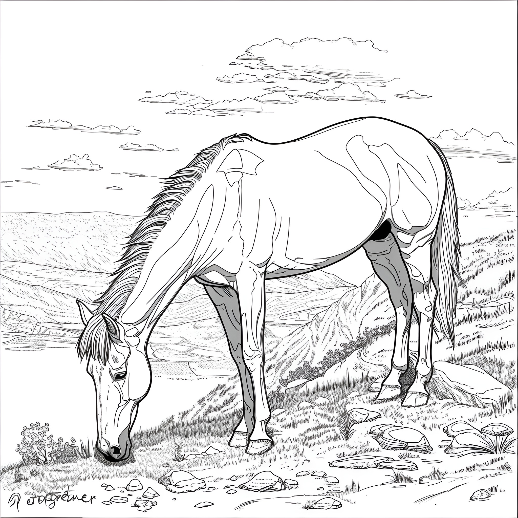 Horse grazing peacefully in mountain landscape Coloring Page (free black-and-white line drawing printable PDF for all, from beginners to advanced learners, including children, teens, adults, and seniors)