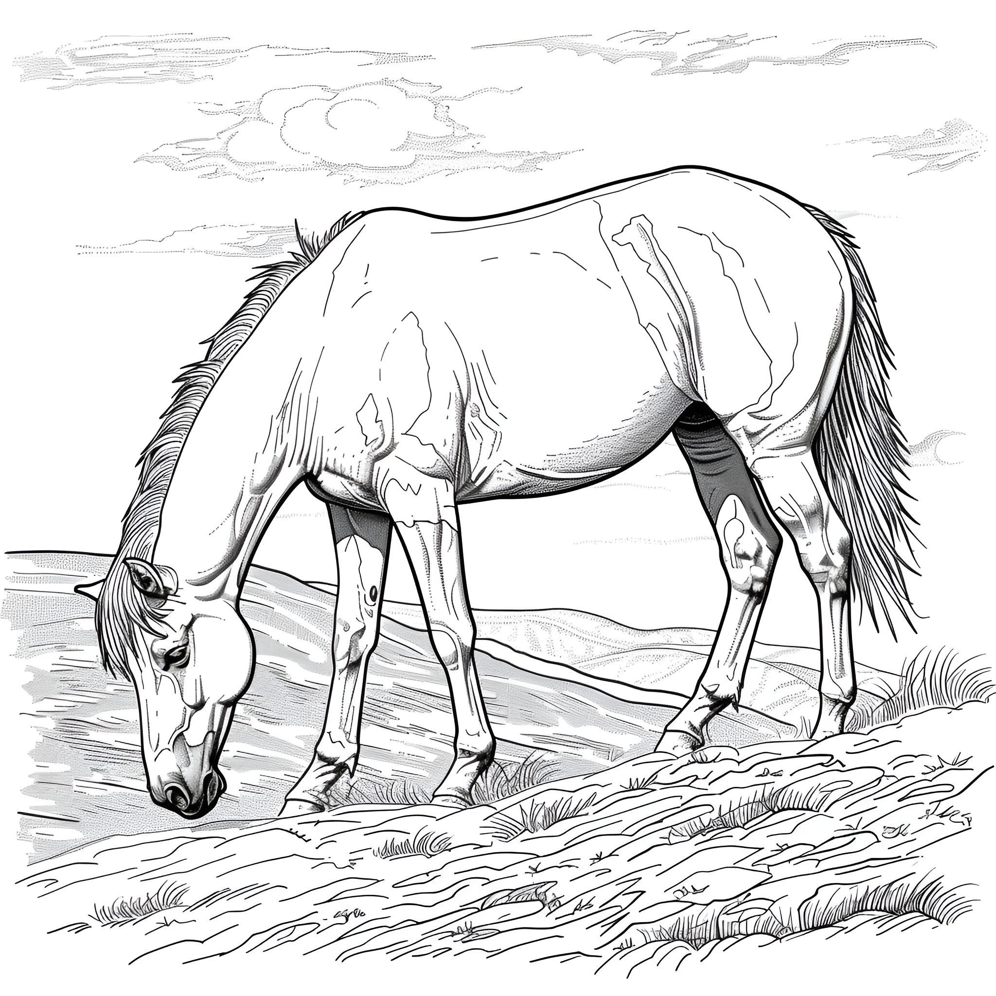 Horse grazing in peaceful landscape Coloring Page (free black-and-white line drawing printable PDF for all, from beginners to advanced learners, including children, teens, adults, and seniors)