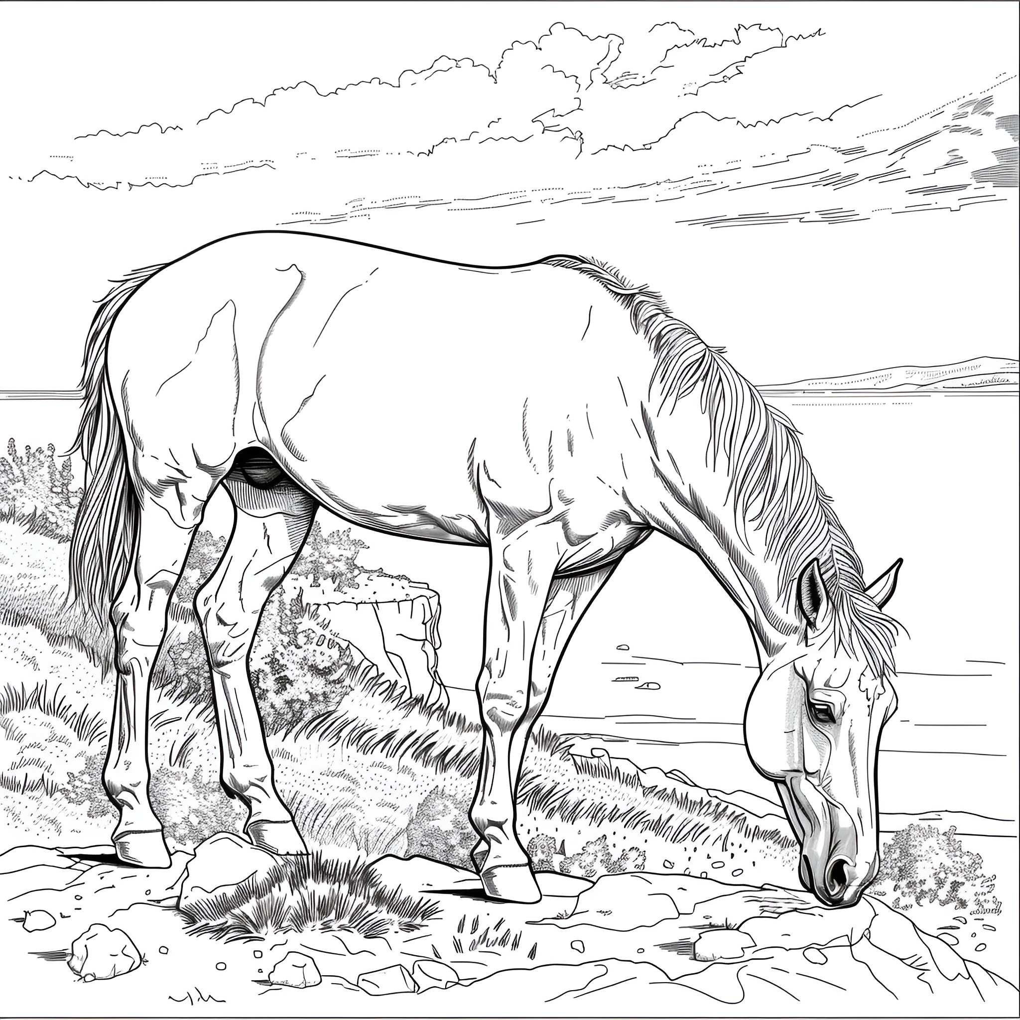 Horse grazing peacefully in scenic landscape Coloring Page (free black-and-white line drawing printable PDF for all, from beginners to advanced learners, including children, teens, adults, and seniors)