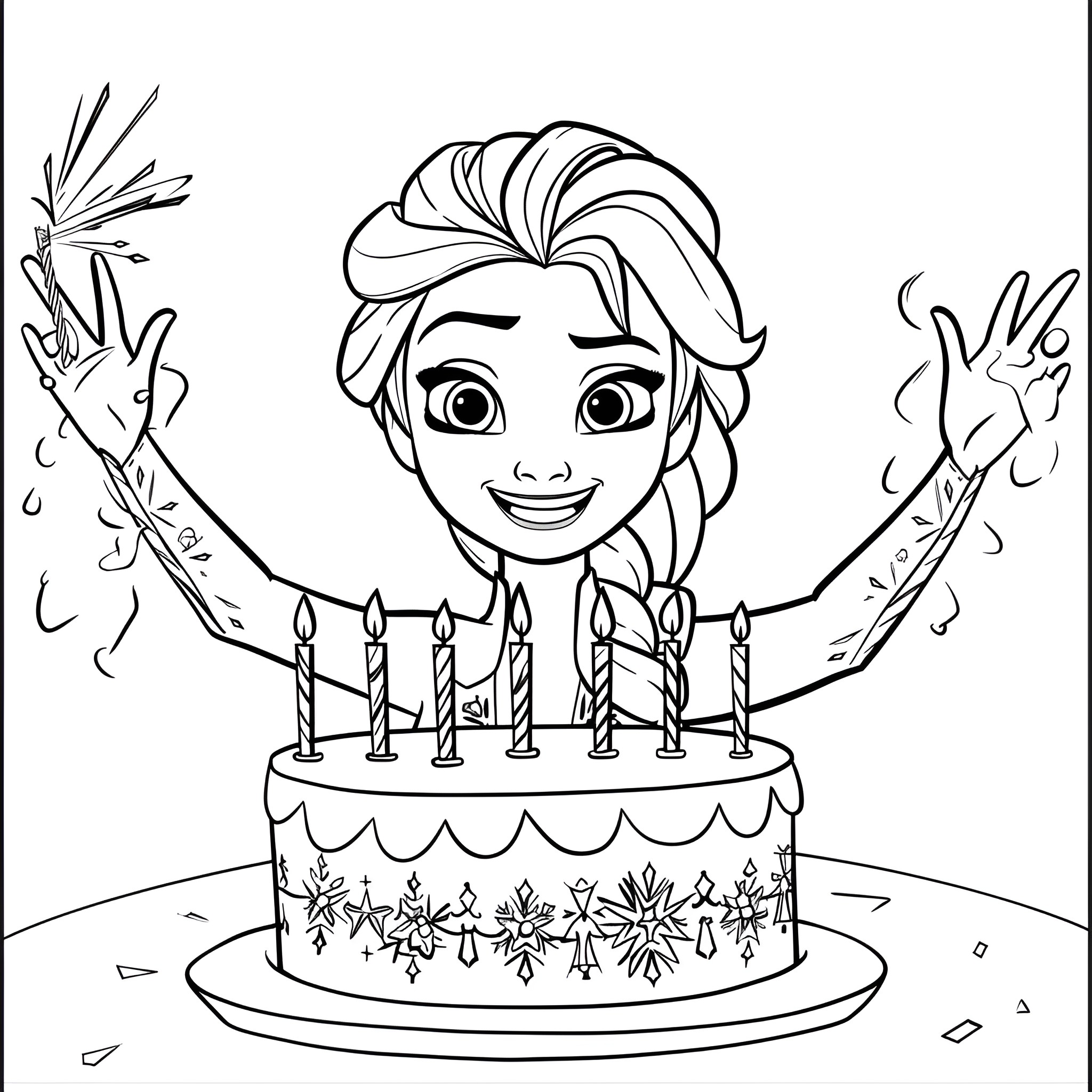 Elsa celebrating birthday with cake and candles Coloring Page (free black-and-white line drawing printable PDF for all, from beginners to advanced learners, including children, teens, adults, and seniors)