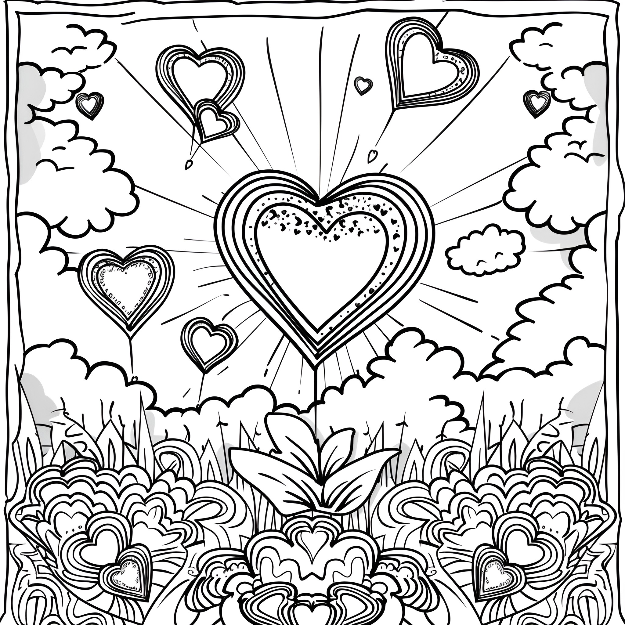 Valentine's Day hearts and flowers scene Coloring Page (free black-and-white line drawing printable PDF for all, from beginners to advanced learners, including children, teens, adults, and seniors)