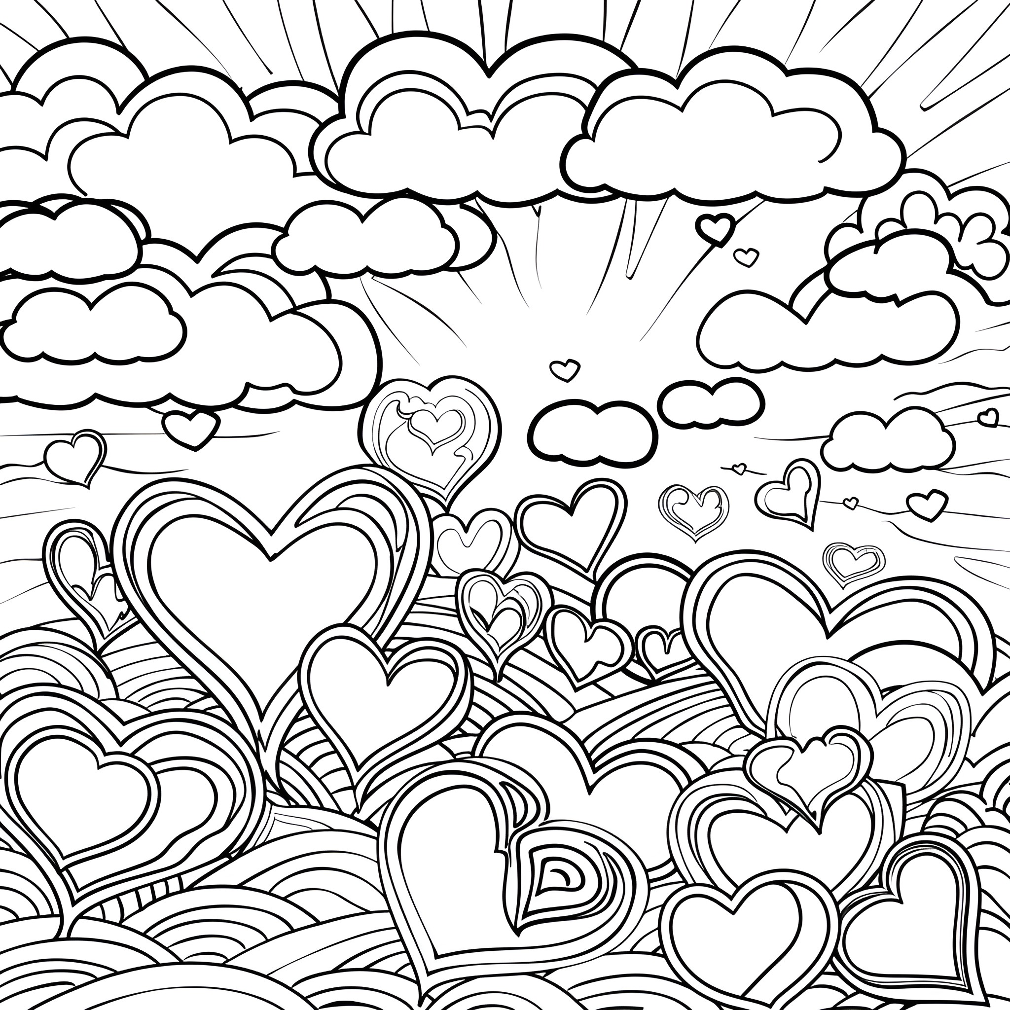 Valentine's Day hearts and clouds in the sky Coloring Page (free black-and-white line drawing printable PDF for all, from beginners to advanced learners, including children, teens, adults, and seniors)