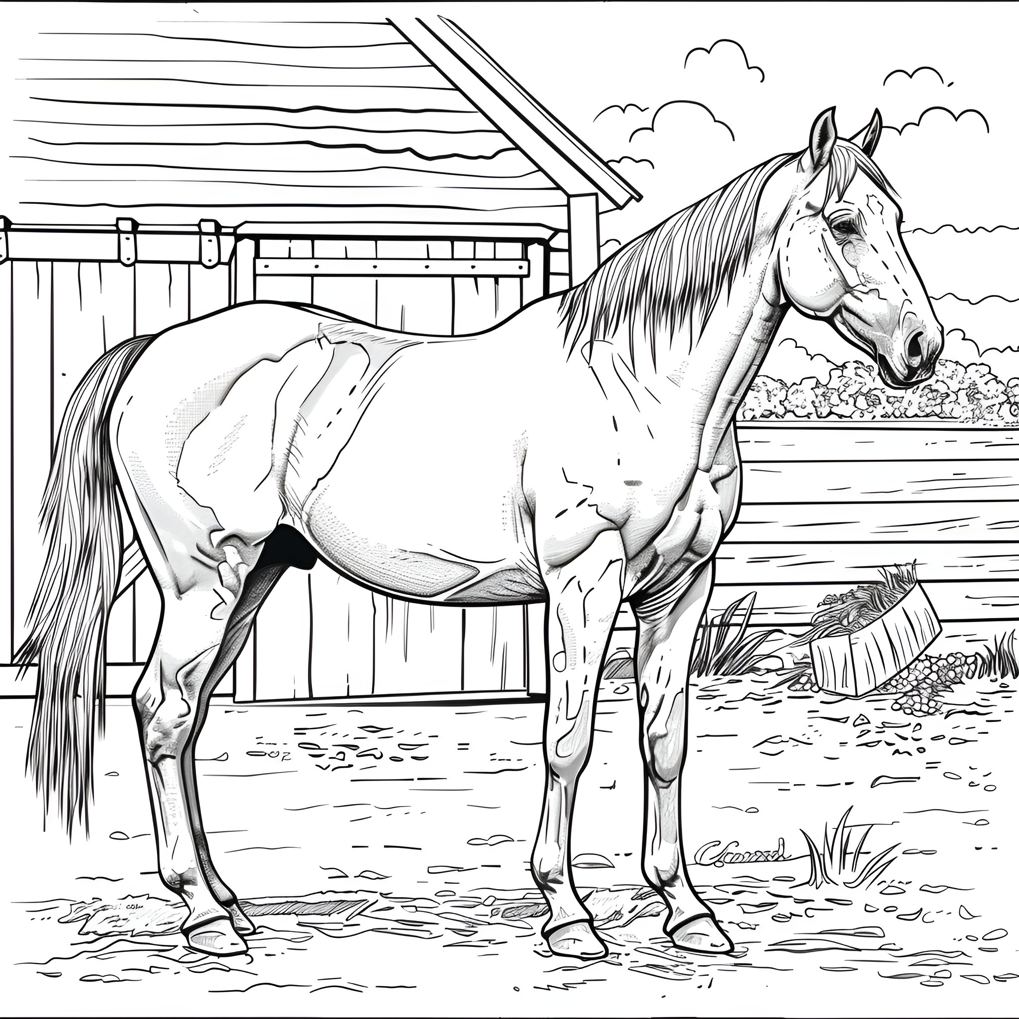 Horse standing proudly in a countryside scene Coloring Page (free black-and-white line drawing printable PDF for all, from beginners to advanced learners, including children, teens, adults, and seniors)