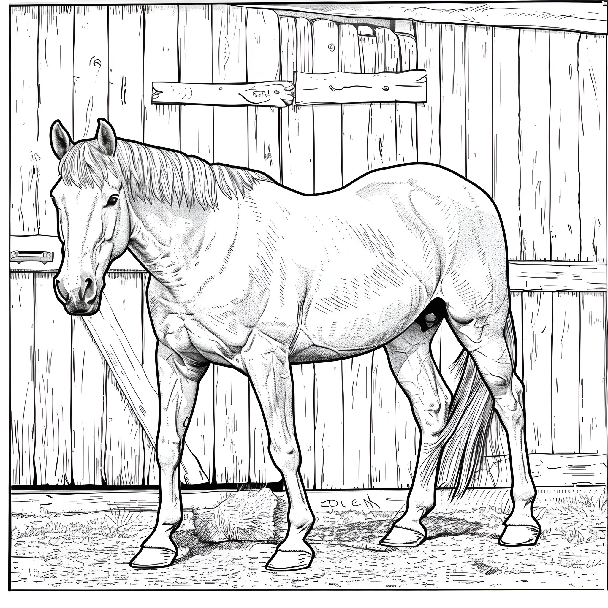 Horse in a Peaceful Barn Scene Coloring Page (free black-and-white line drawing printable PDF for all, from beginners to advanced learners, including children, teens, adults, and seniors)