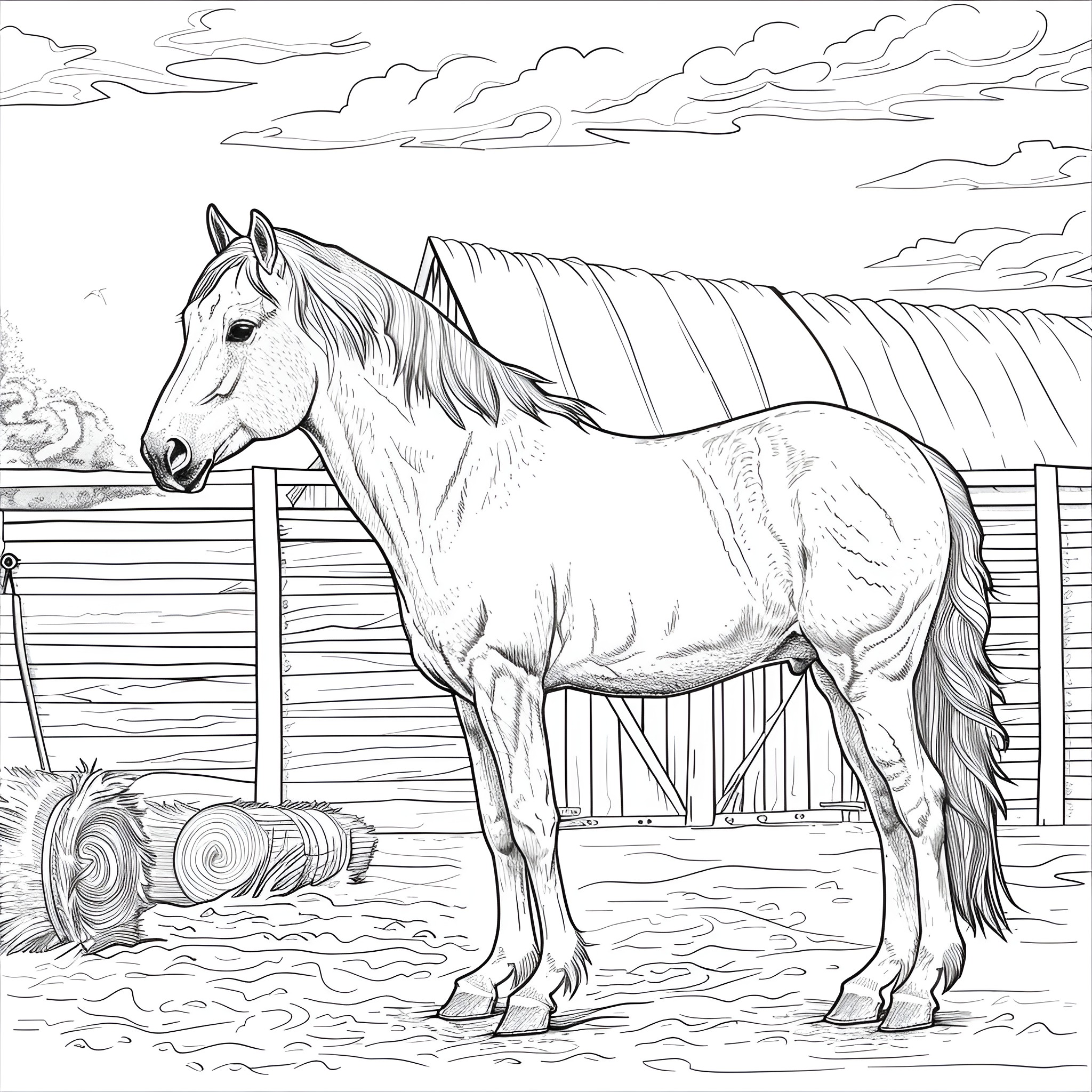 Horse standing in a farmyard Coloring Page (free black-and-white line drawing printable PDF for all, from beginners to advanced learners, including children, teens, adults, and seniors)
