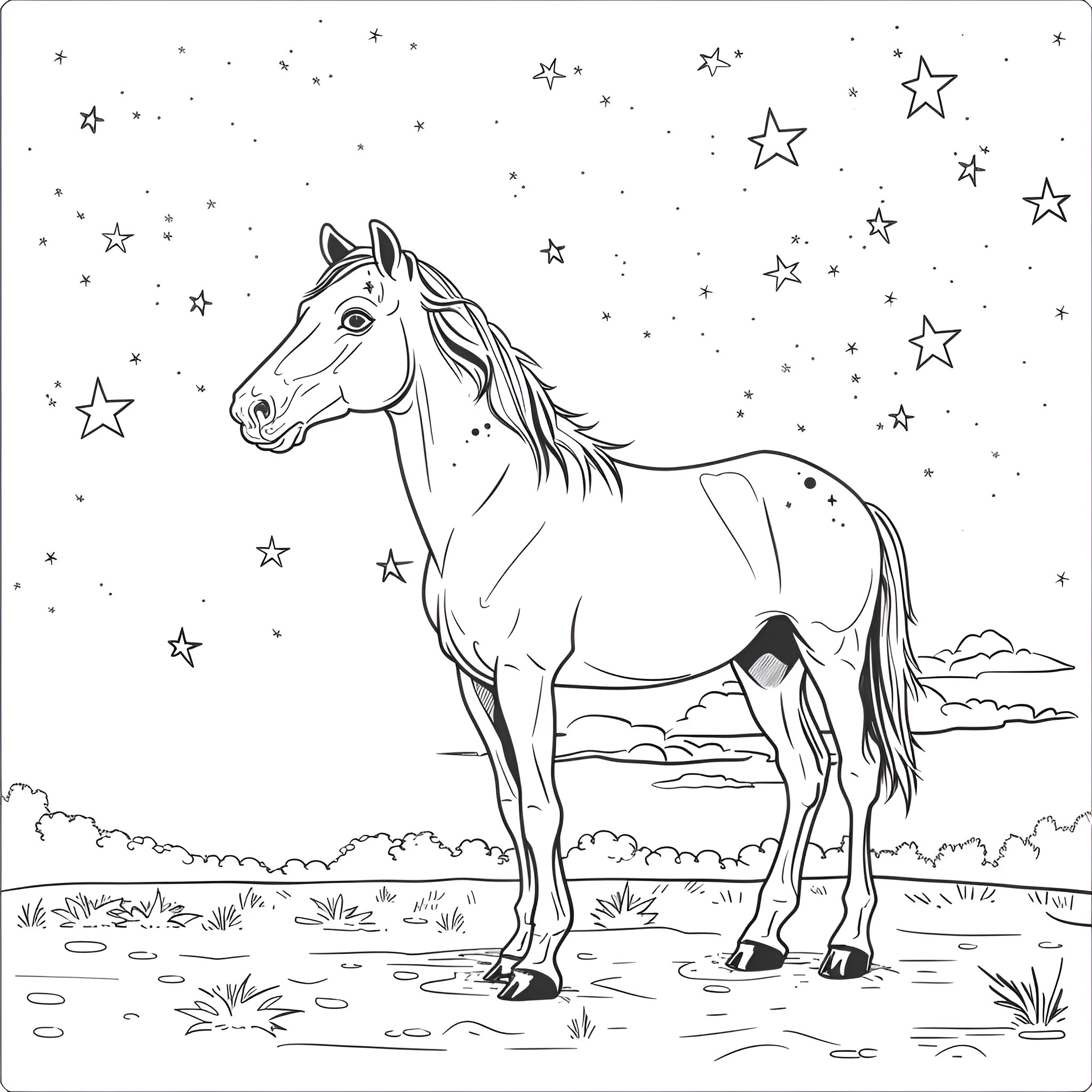 Horse standing under starry sky Coloring Page (free black-and-white line drawing printable PDF for all, from beginners to advanced learners, including children, teens, adults, and seniors)