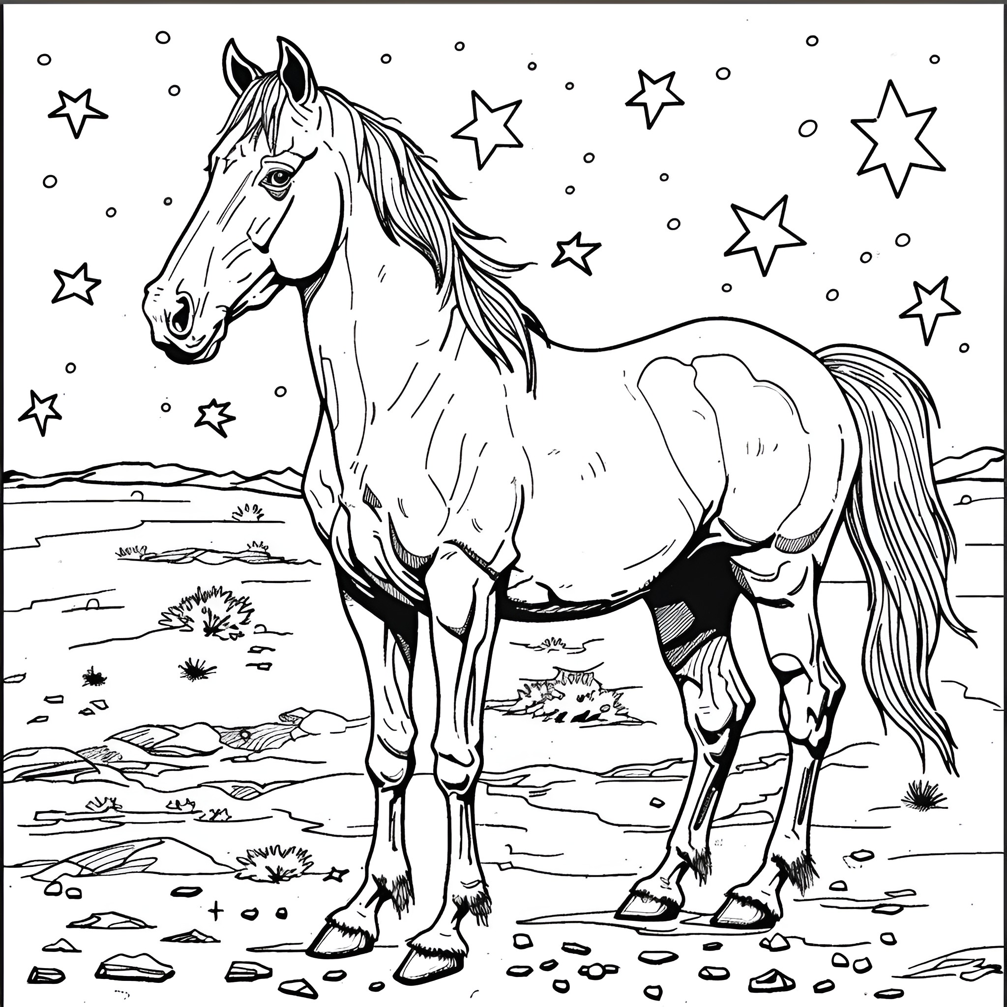 Horse standing under starry night sky Coloring Page (free black-and-white line drawing printable PDF for all, from beginners to advanced learners, including children, teens, adults, and seniors)