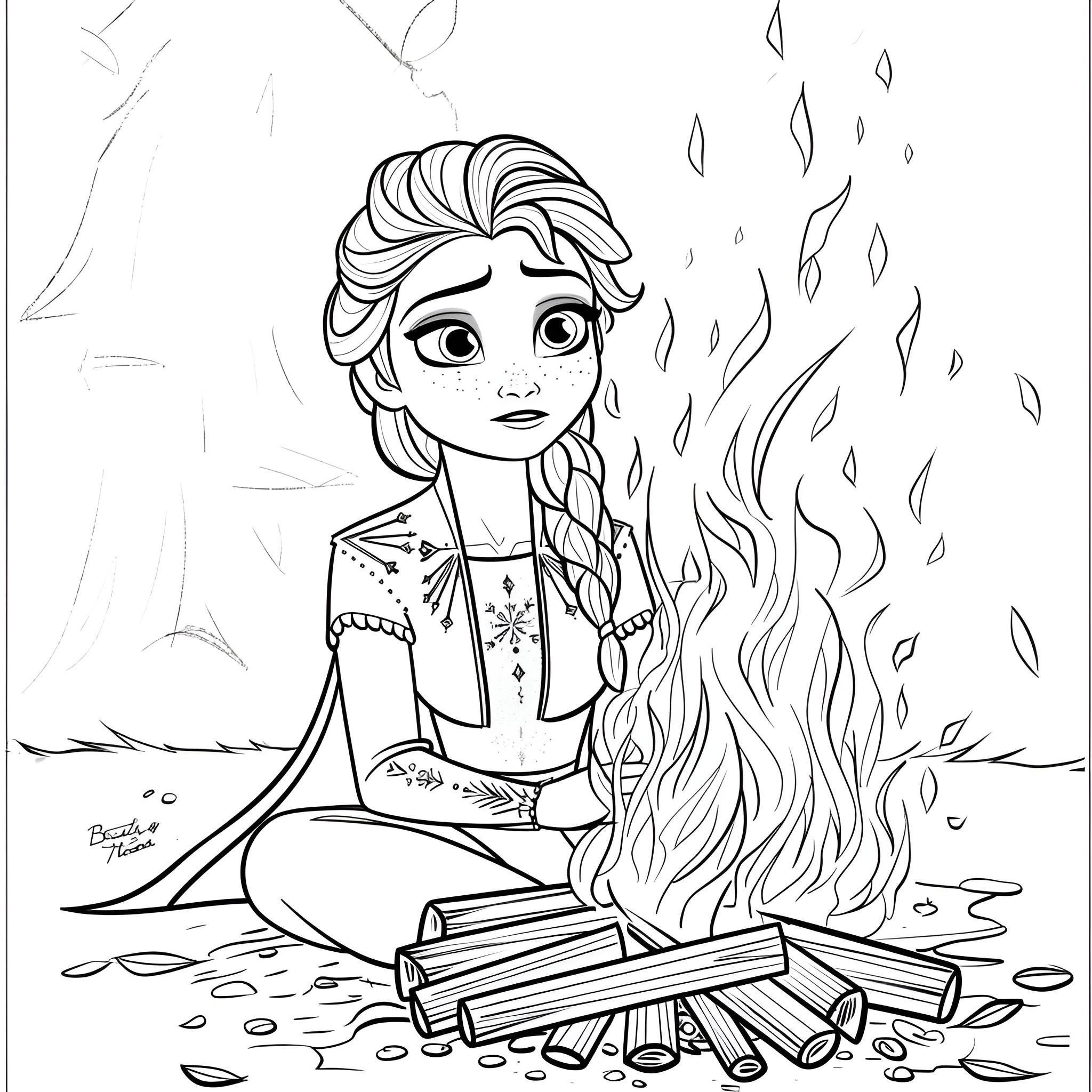 Elsa sitting by the campfire Coloring Page (free black-and-white line drawing printable PDF for all, from beginners to advanced learners, including children, teens, adults, and seniors)