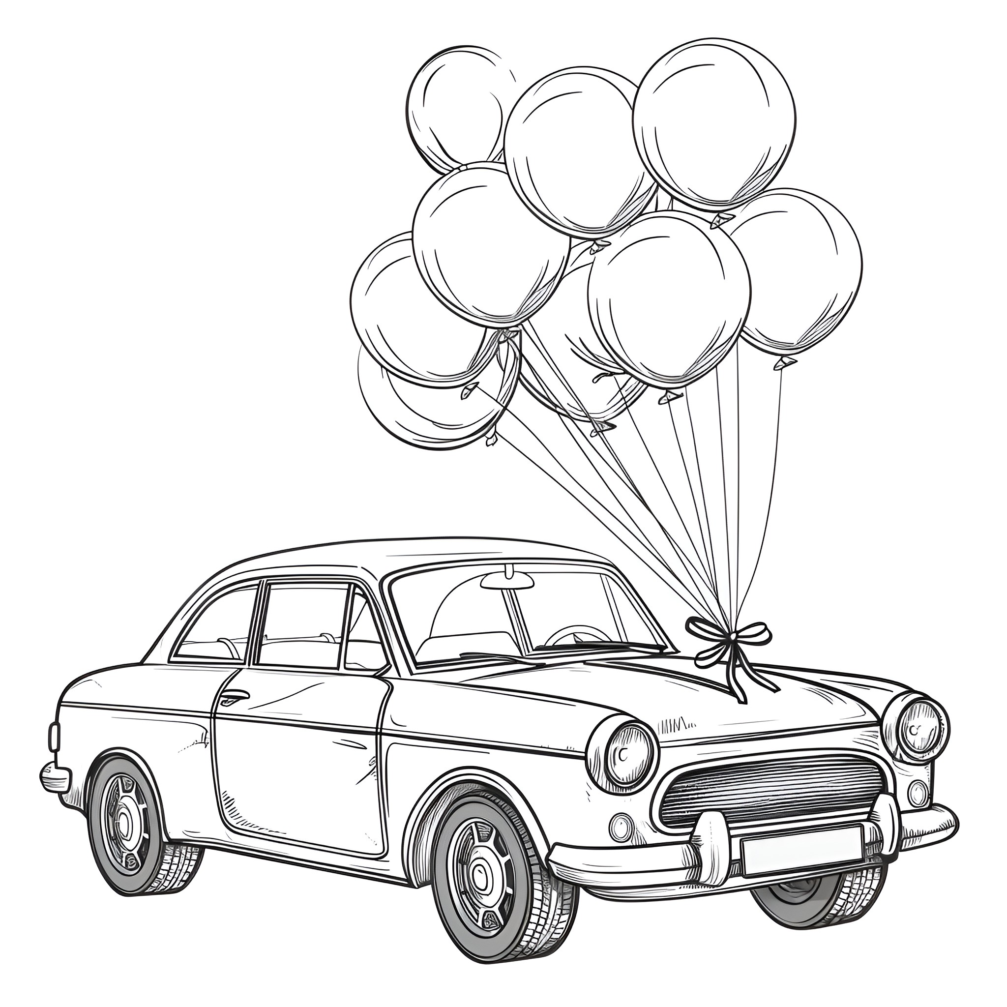 Car with Balloons Celebration Coloring Page (free black-and-white line drawing printable PDF for all, from beginners to advanced learners, including children, teens, adults, and seniors)
