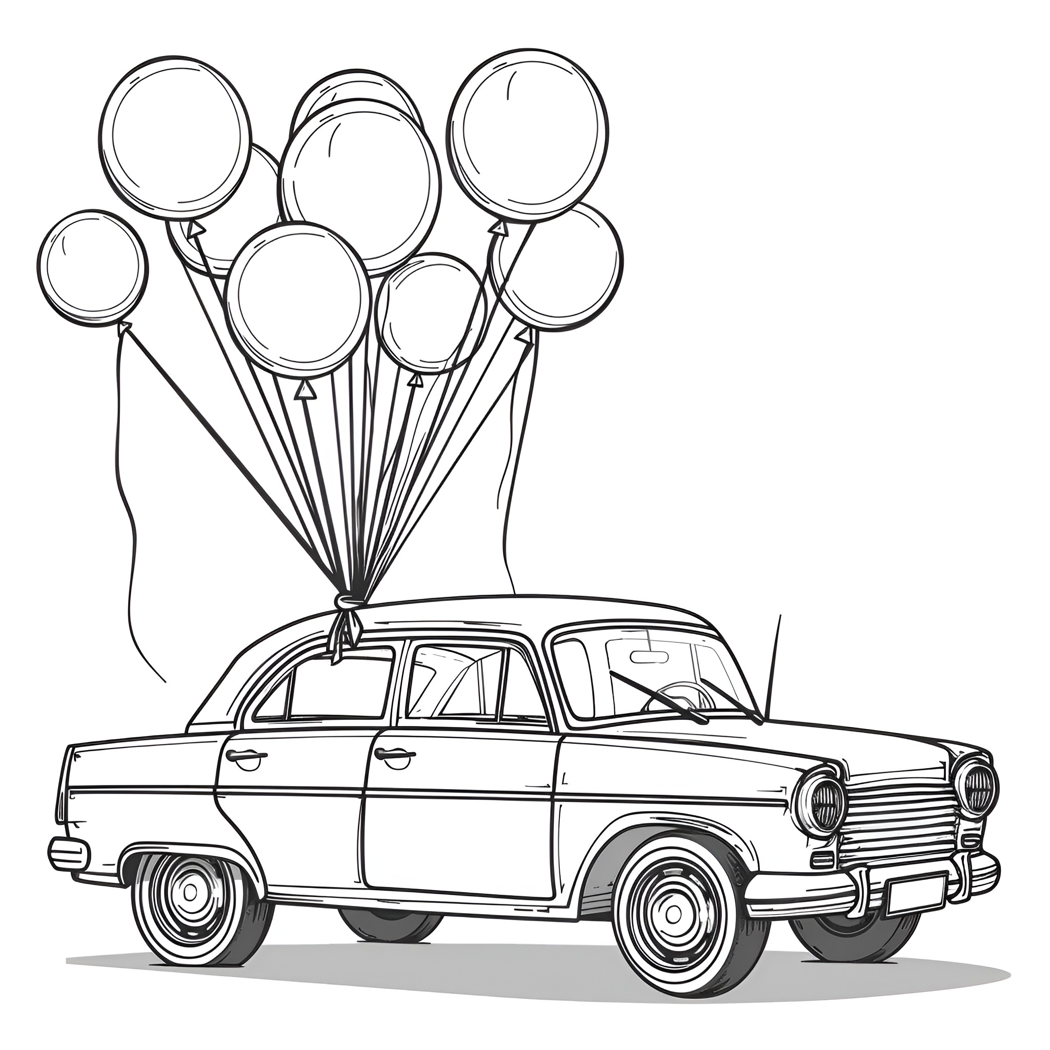 Car with Balloons Illustration Coloring Page (free black-and-white line drawing printable PDF for all, from beginners to advanced learners, including children, teens, adults, and seniors)