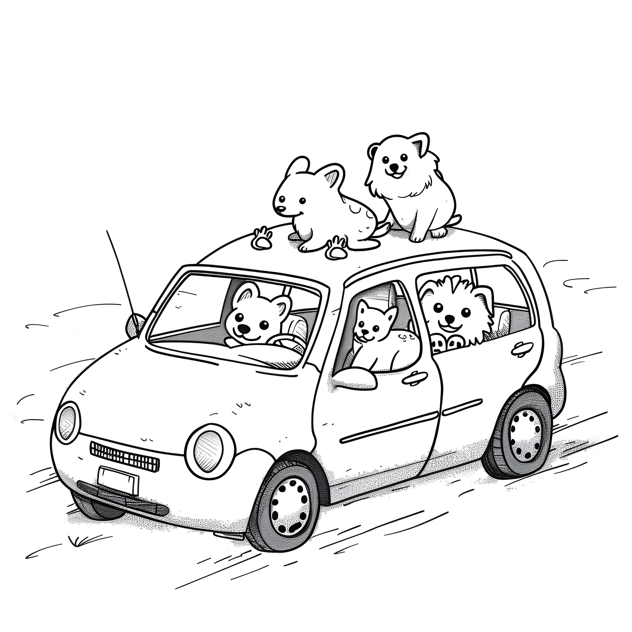 Car carrying happy puppies on a journey Coloring Page (free black-and-white line drawing printable PDF for all, from beginners to advanced learners, including children, teens, adults, and seniors)