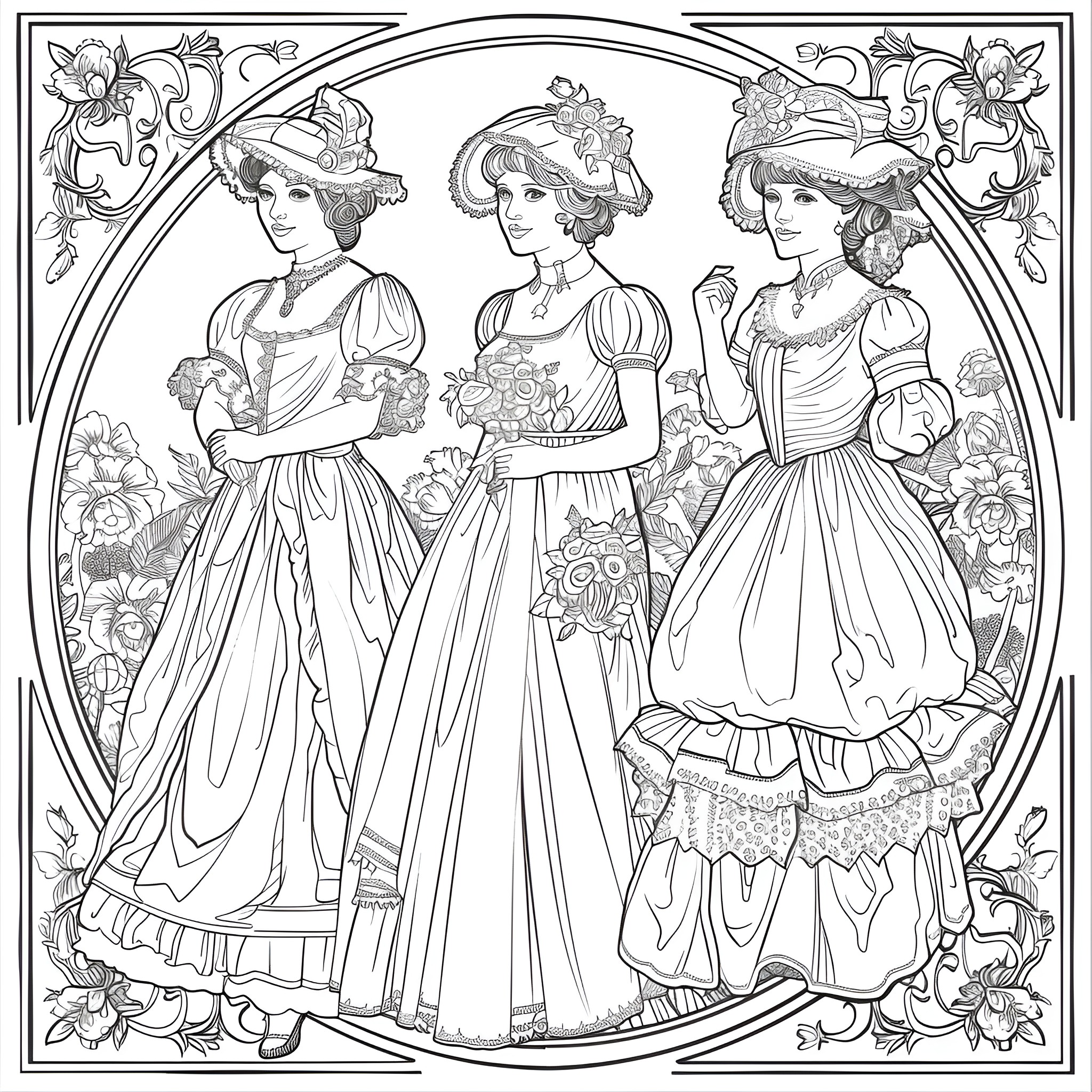 Ladies in Elegant Victorian Dresses Coloring Page (free black-and-white line drawing printable PDF for all, from beginners to advanced learners, including children, teens, adults, and seniors)
