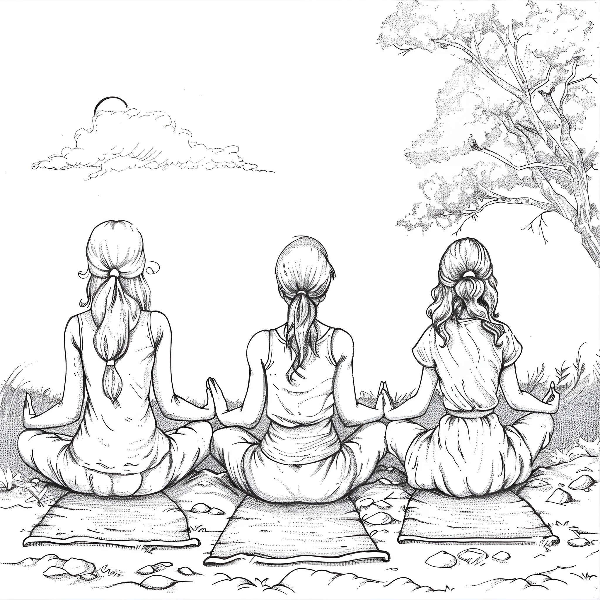 Ladies in peaceful meditation outdoors Coloring Page (free black-and-white line drawing printable PDF for all, from beginners to advanced learners, including children, teens, adults, and seniors)