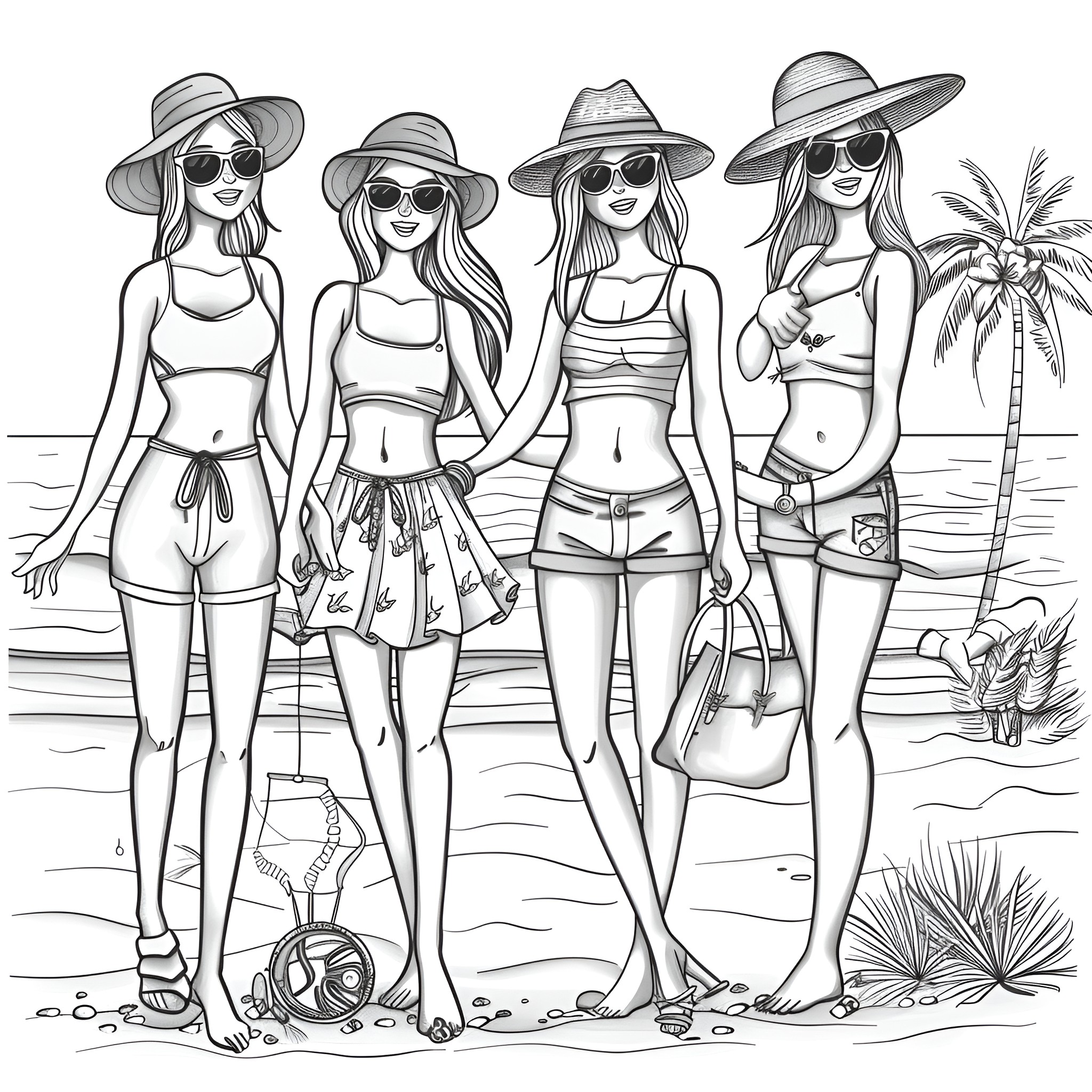 Ladies enjoying summer vacation on the beach Coloring Page (free black-and-white line drawing printable PDF for all, from beginners to advanced learners, including children, teens, adults, and seniors)