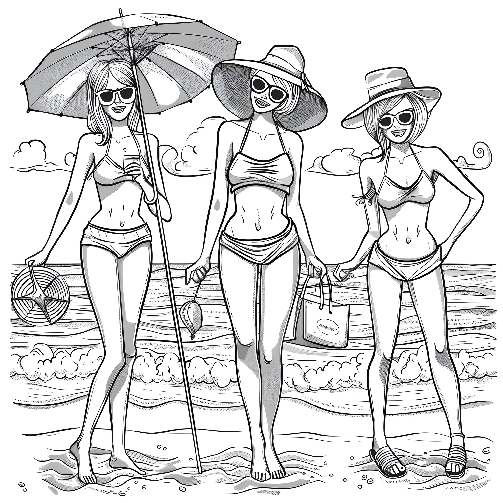 Ladies enjoying a day at the beach Coloring Page (free black-and-white line drawing printable PDF for all, from beginners to advanced learners, including children, teens, adults, and seniors)