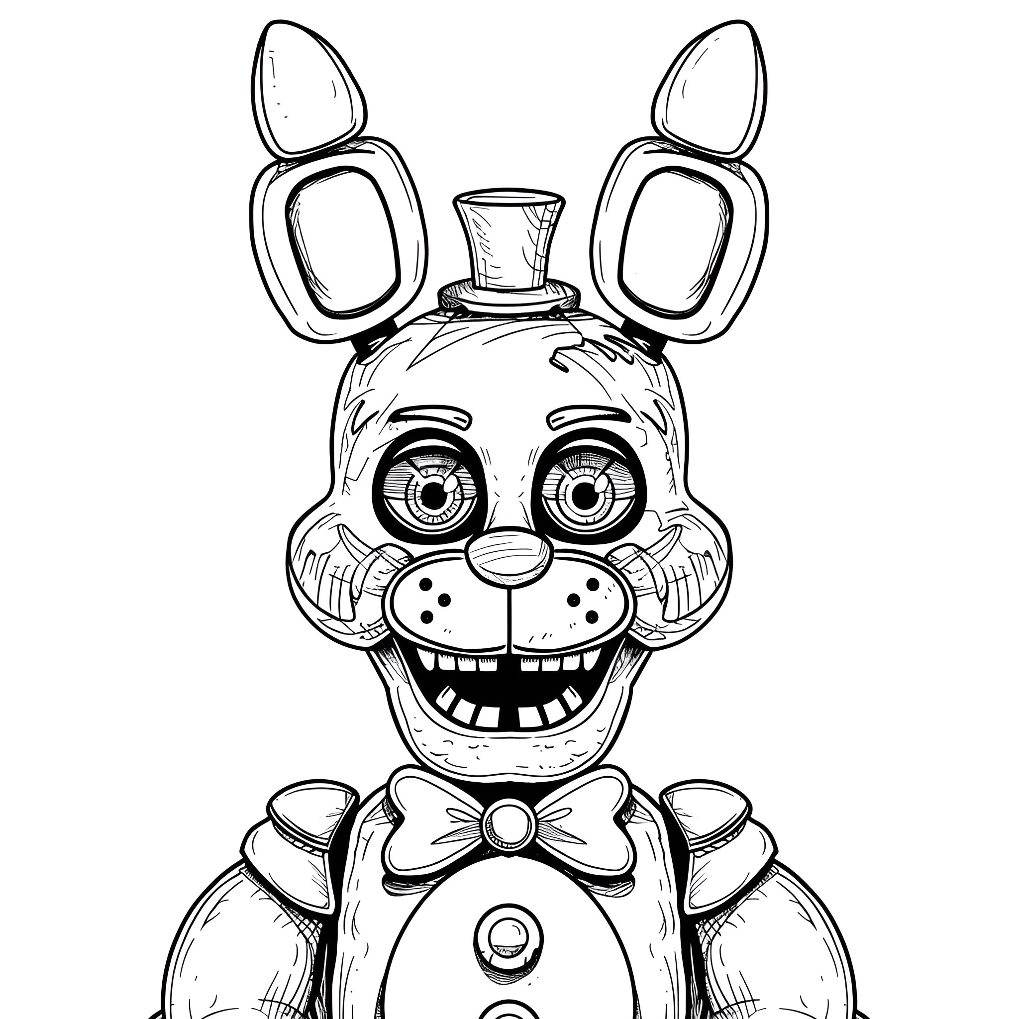 Five Nights At Freddy's animatronic rabbit character Coloring Page (free black-and-white line drawing printable PDF for all, from beginners to advanced learners, including children, teens, adults, and seniors)