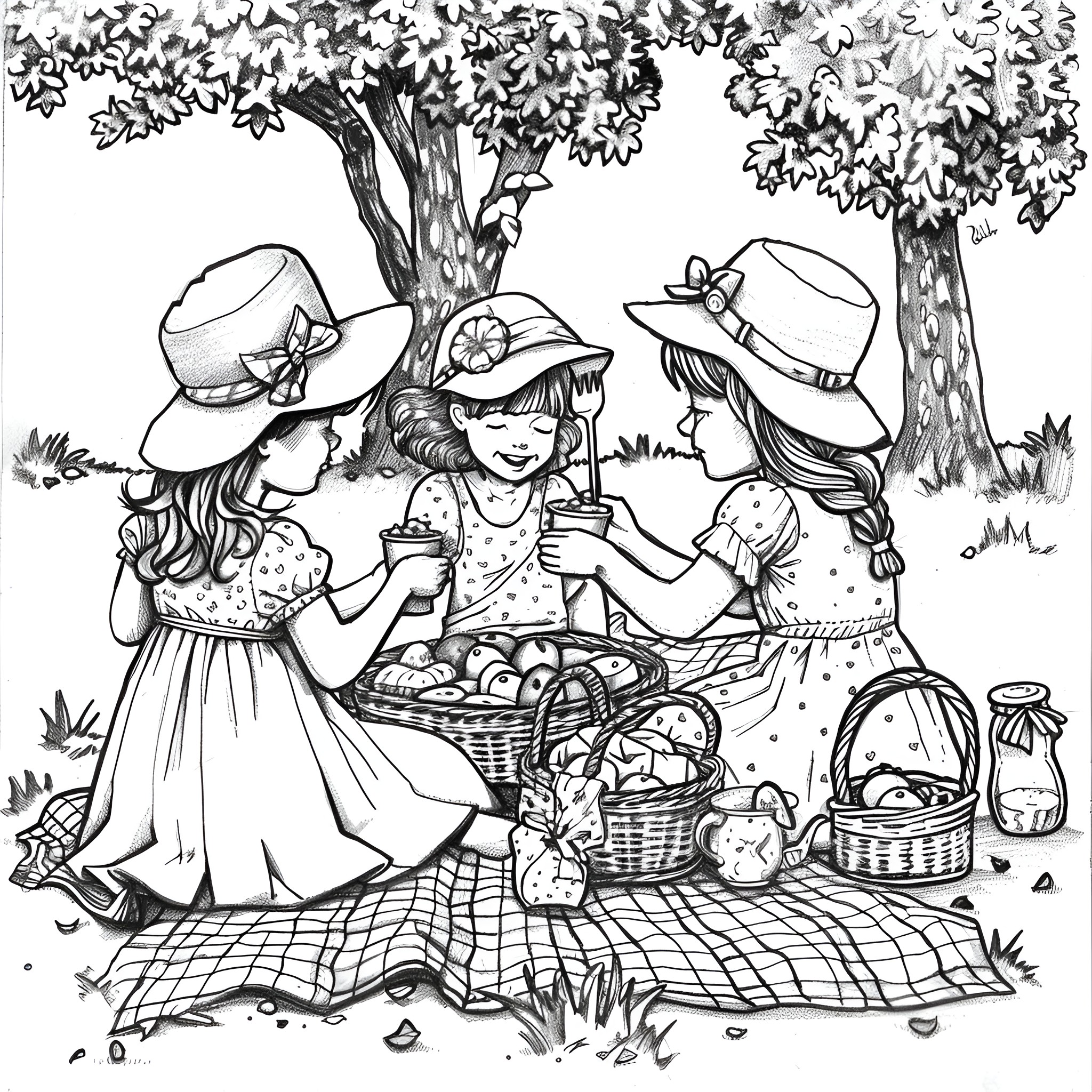 Ladies enjoying a picnic outing in the park Coloring Page (free black-and-white line drawing printable PDF for all, from beginners to advanced learners, including children, teens, adults, and seniors)