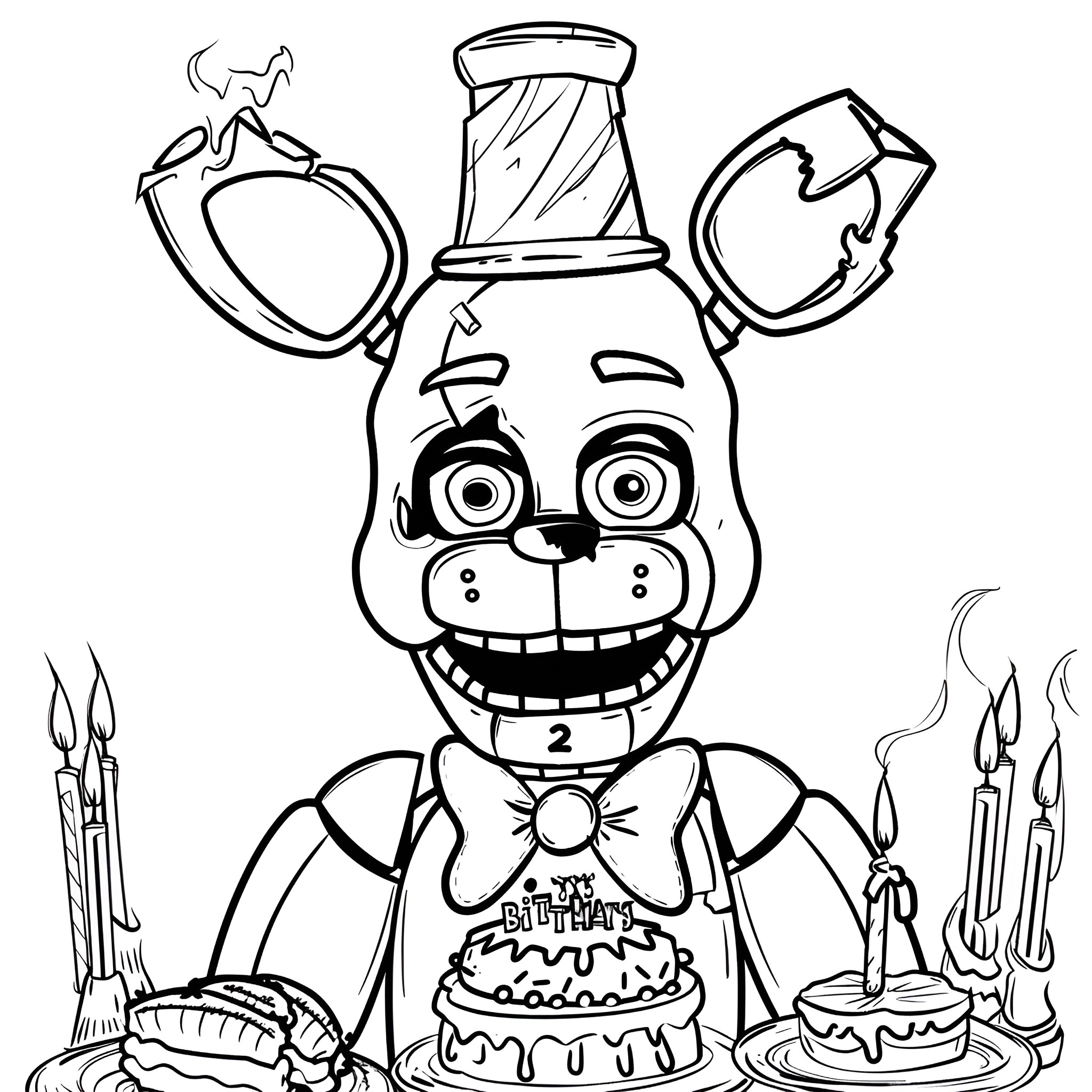 Five Nights At Freddy's Animatronic Birthday Celebration Coloring Page (free black-and-white line drawing printable PDF for all, from beginners to advanced learners, including children, teens, adults, and seniors)
