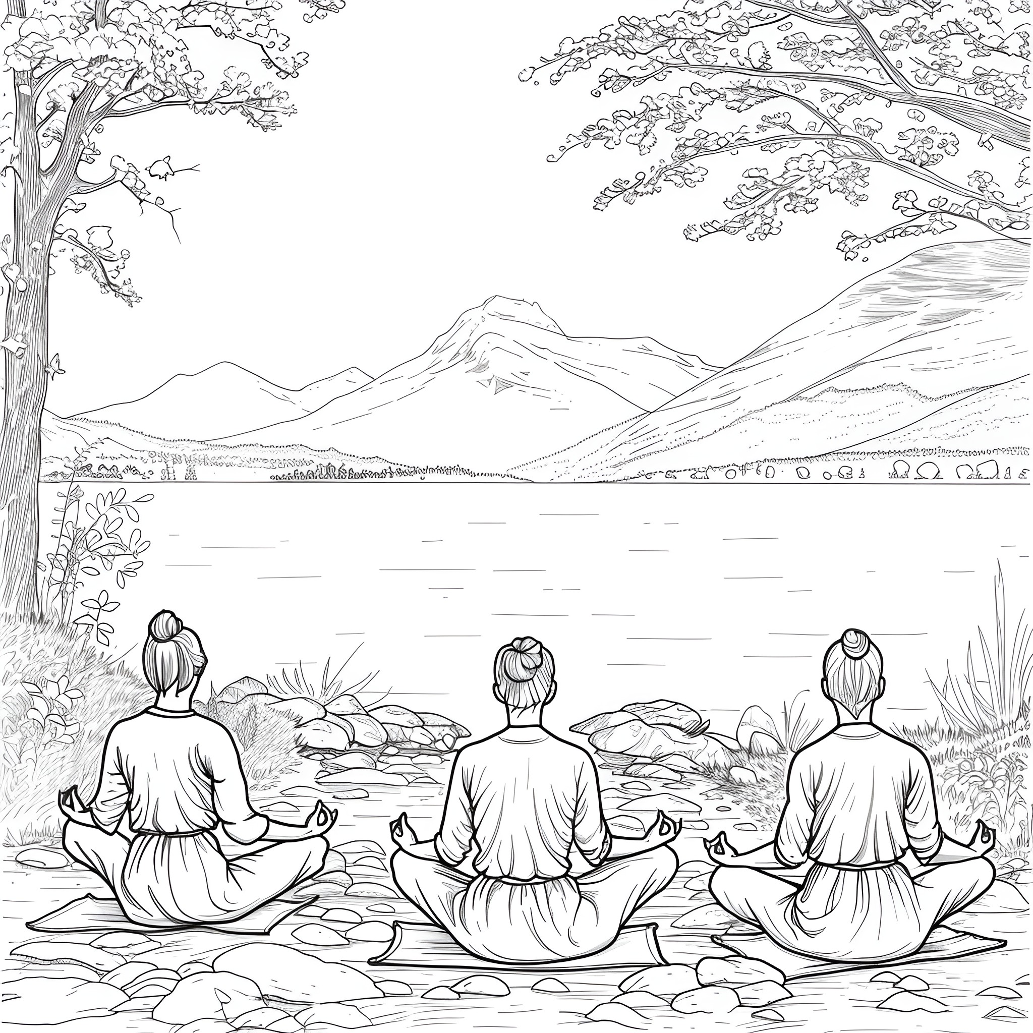 Ladies meditating peacefully in serene nature Coloring Page (free black-and-white line drawing printable PDF for all, from beginners to advanced learners, including children, teens, adults, and seniors)