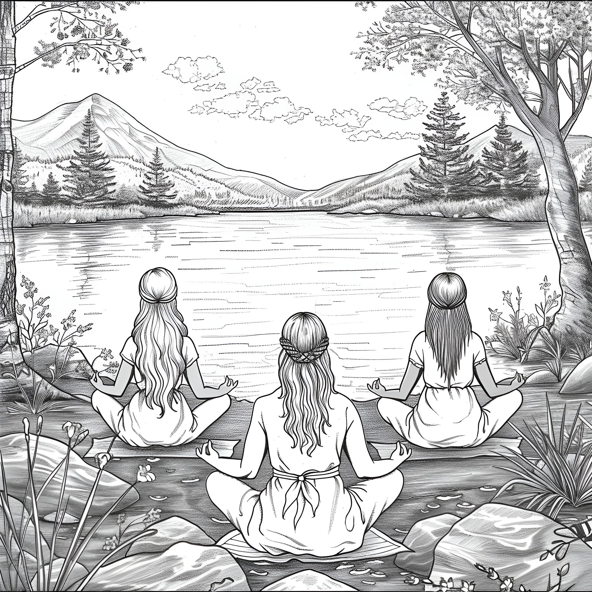 Ladies meditating by the tranquil lake Coloring Page (free black-and-white line drawing printable PDF for all, from beginners to advanced learners, including children, teens, adults, and seniors)