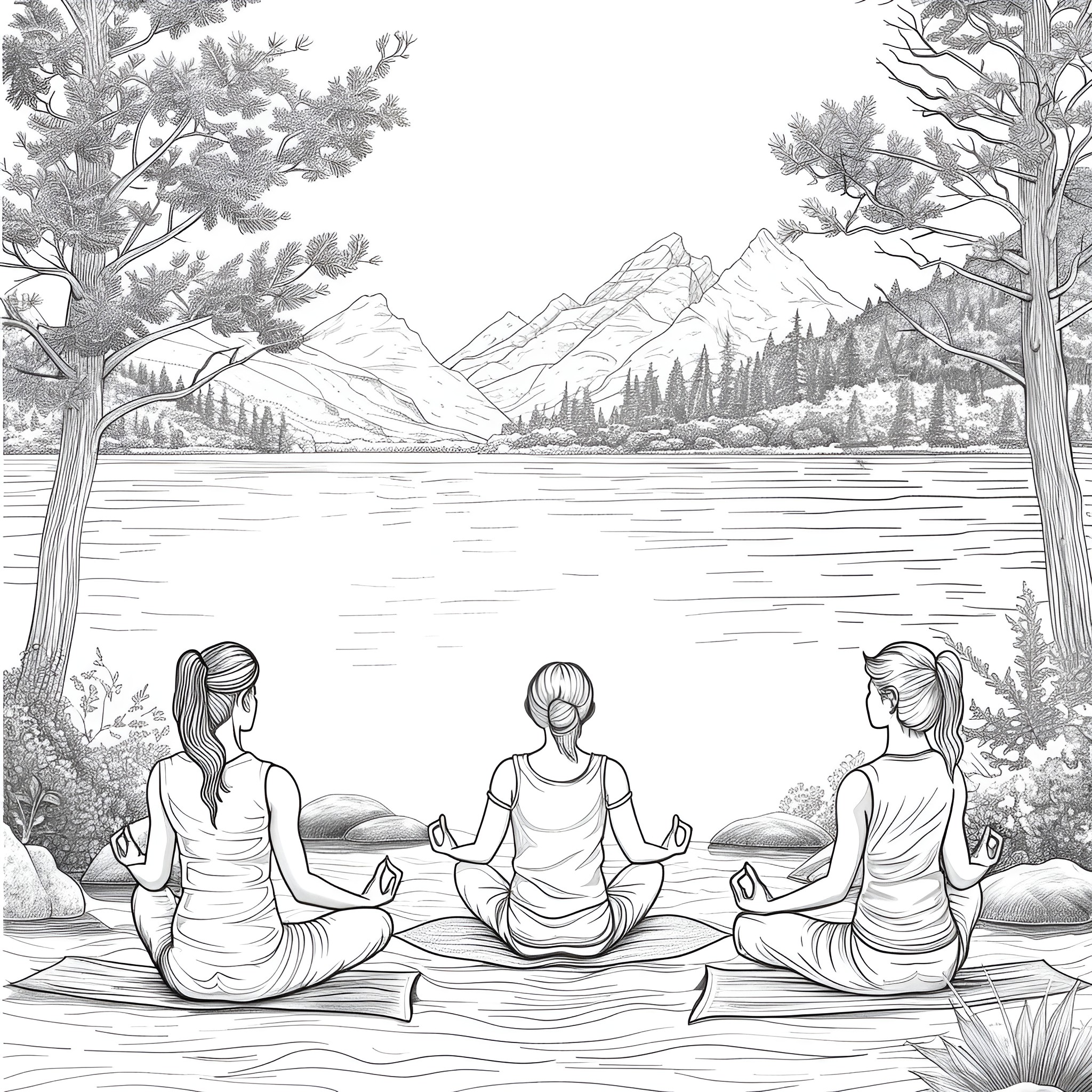 Ladies meditating peacefully in nature Coloring Page (free black-and-white line drawing printable PDF for all, from beginners to advanced learners, including children, teens, adults, and seniors)