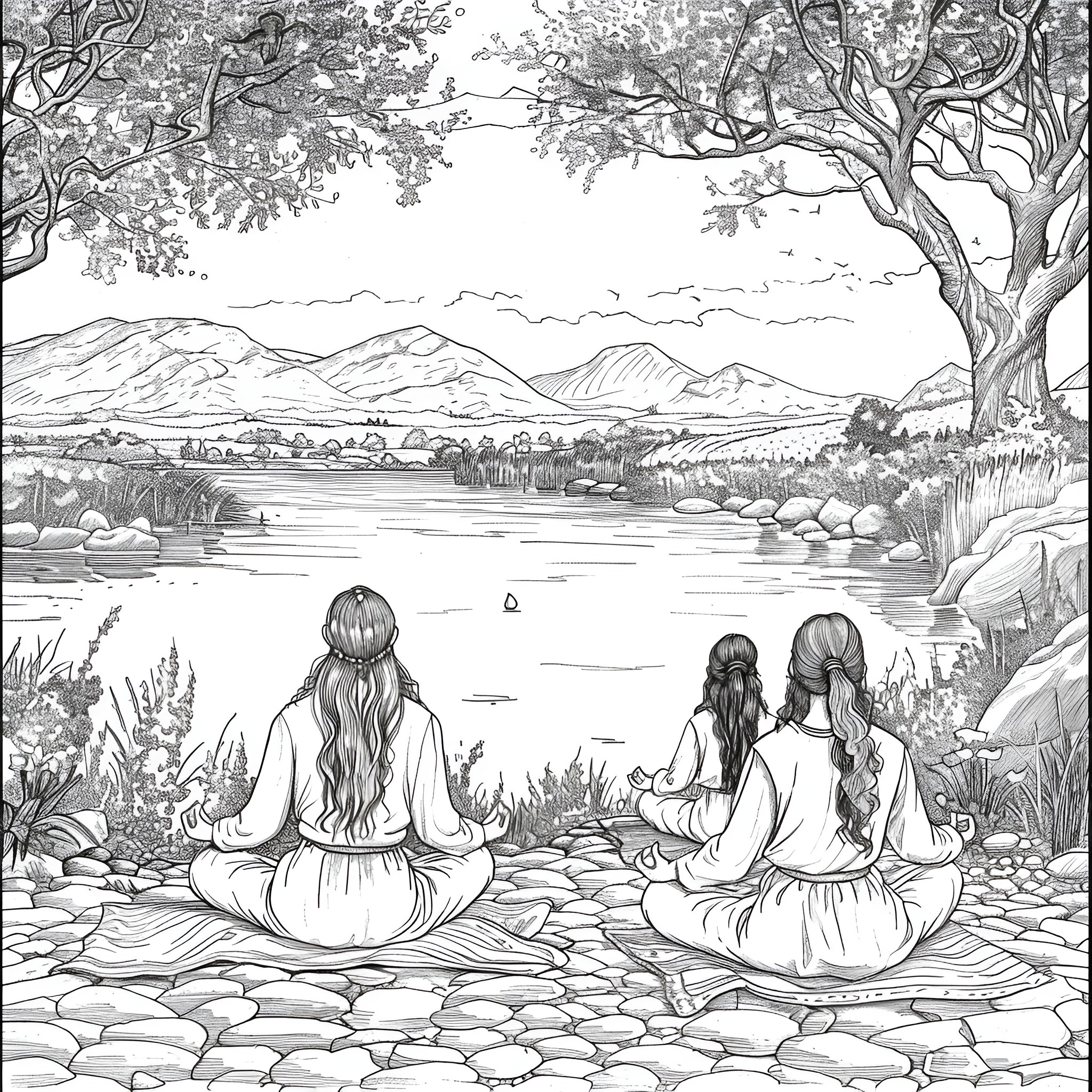 Ladies meditating peacefully by the river Coloring Page (free black-and-white line drawing printable PDF for all, from beginners to advanced learners, including children, teens, adults, and seniors)