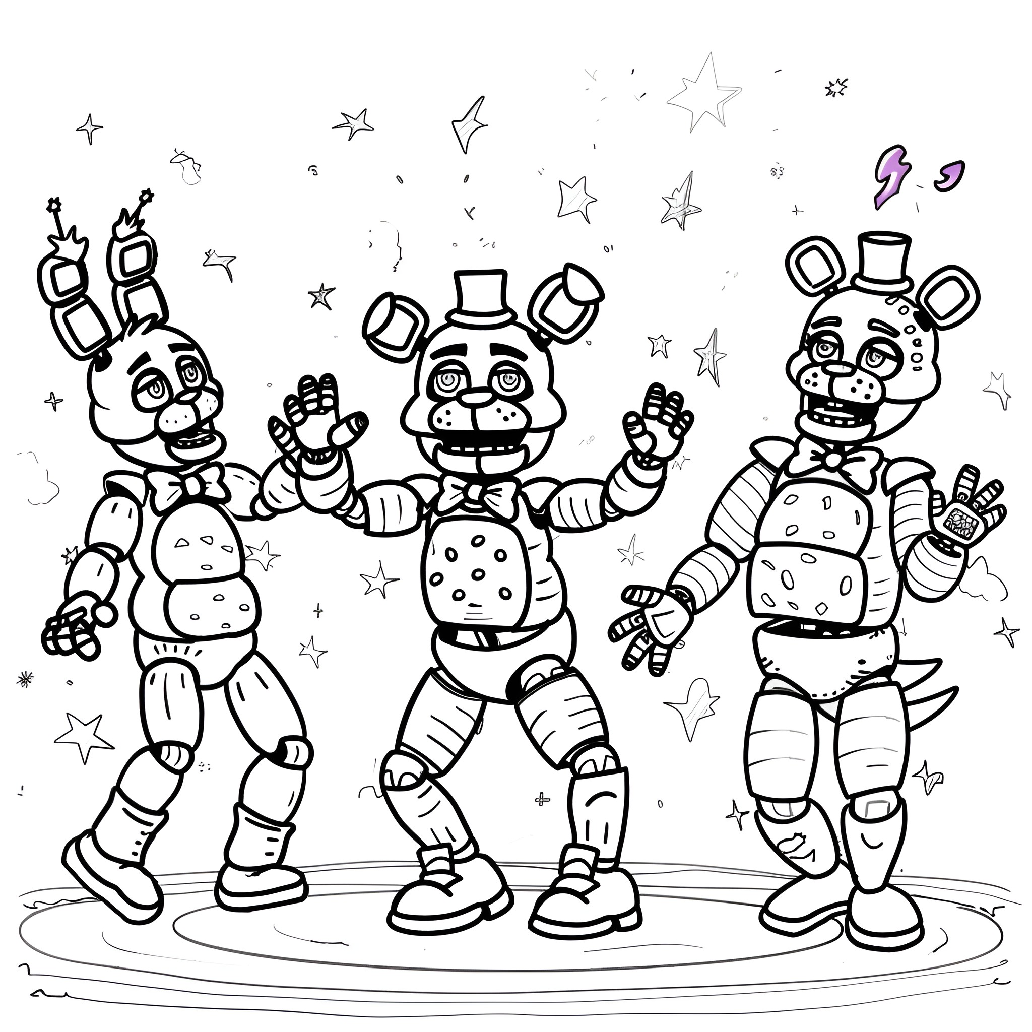 Five Nights At Freddy's Animatronic Characters Coloring Page (free black-and-white line drawing printable PDF for all, from beginners to advanced learners, including children, teens, adults, and seniors)