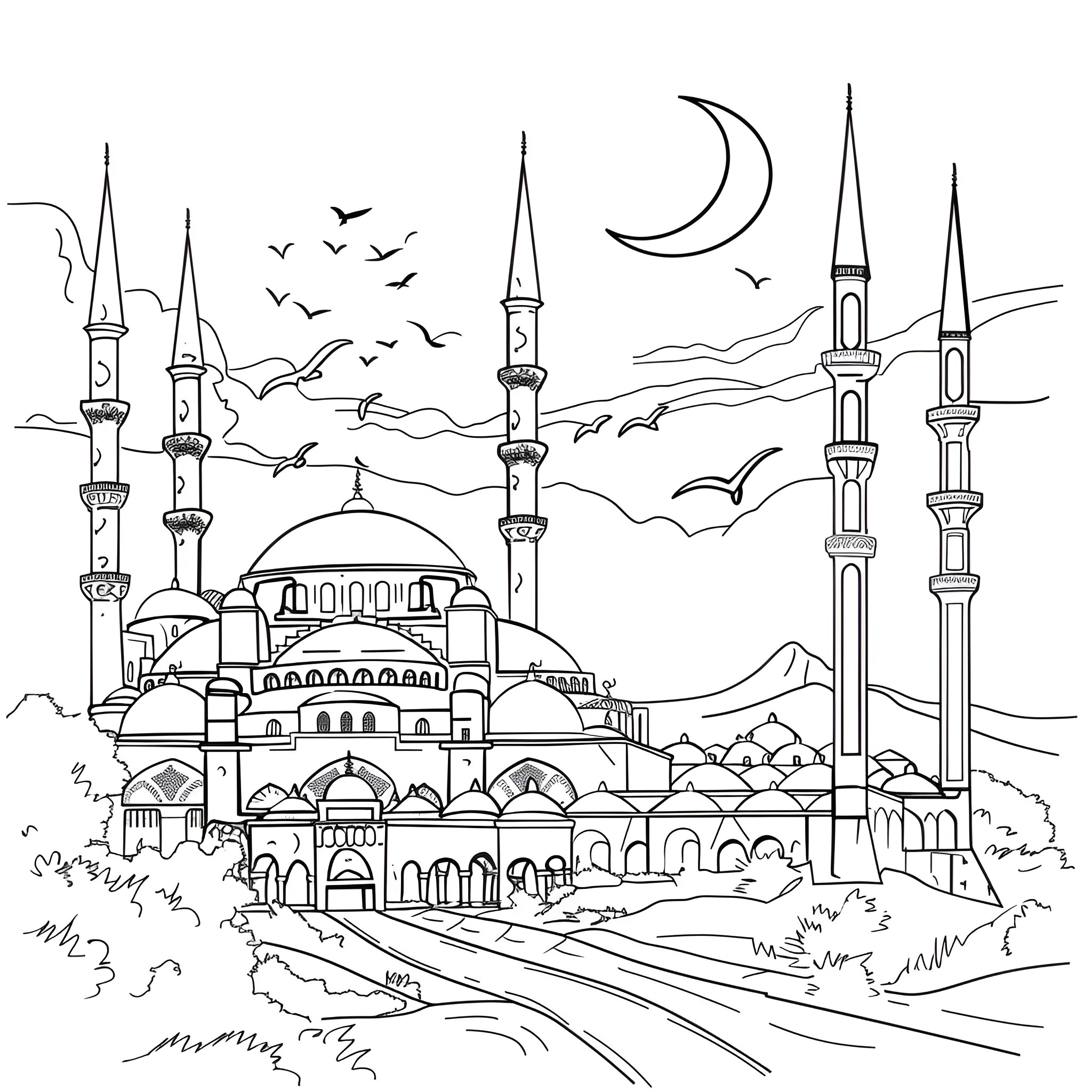 Aesthetic Mosque Landscape with Crescent Moon Coloring Page (free black-and-white line drawing printable PDF for all, from beginners to advanced learners, including children, teens, adults, and seniors)