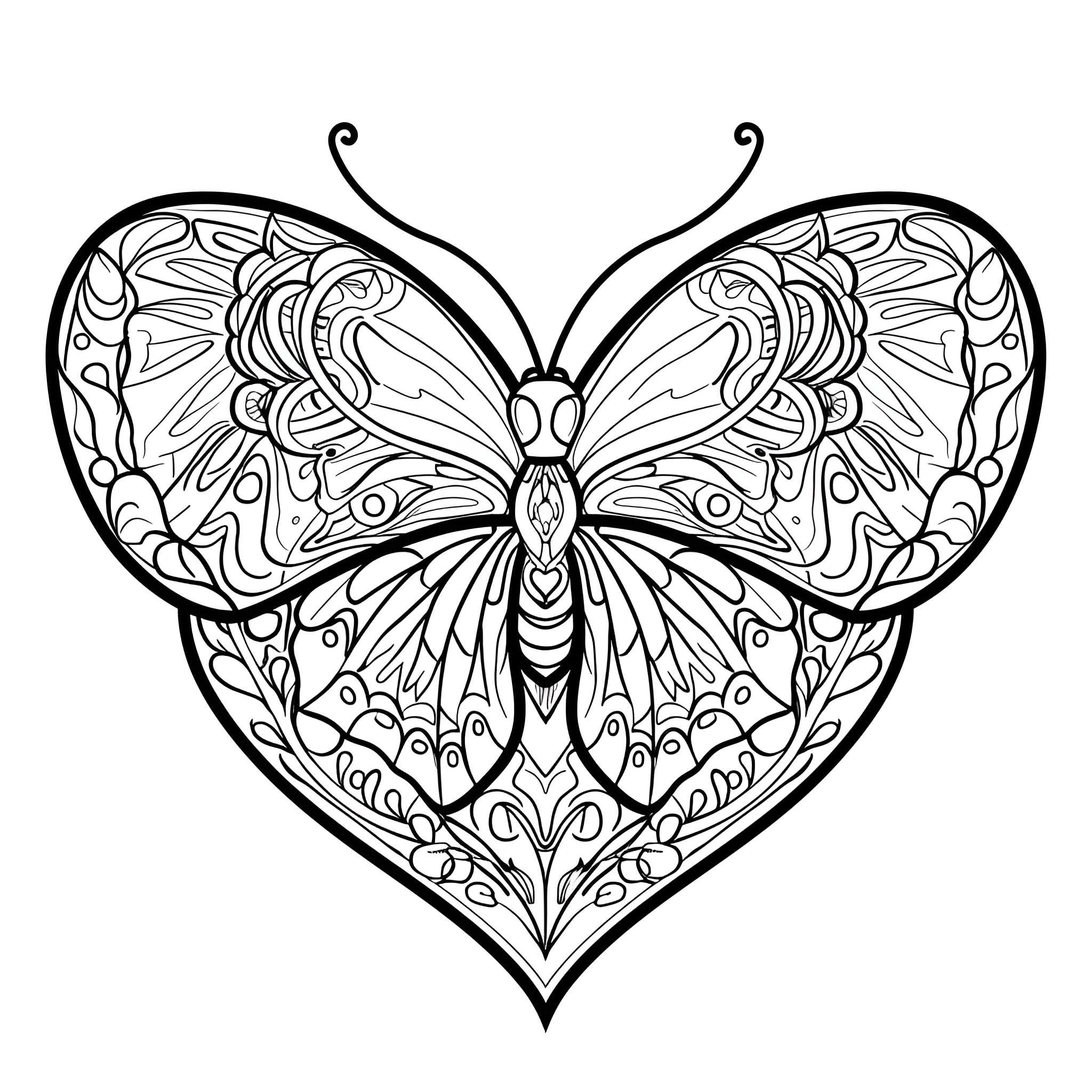 Heart-shaped butterfly with intricate patterns Coloring Page (free black-and-white line drawing printable PDF for all, from beginners to advanced learners, including children, teens, adults, and seniors)