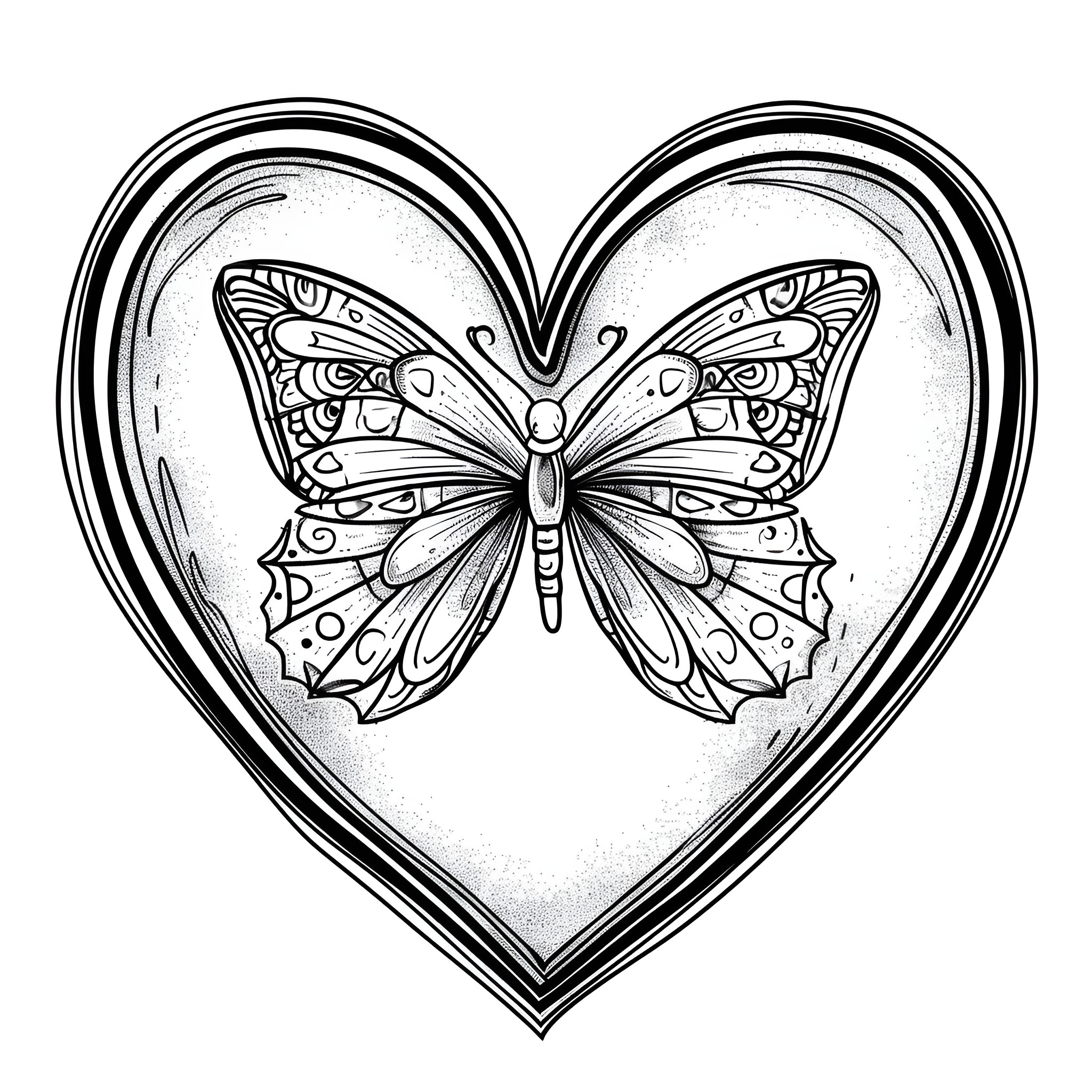 Heart Butterfly in Ornate Frame Coloring Page (free black-and-white line drawing printable PDF for all, from beginners to advanced learners, including children, teens, adults, and seniors)