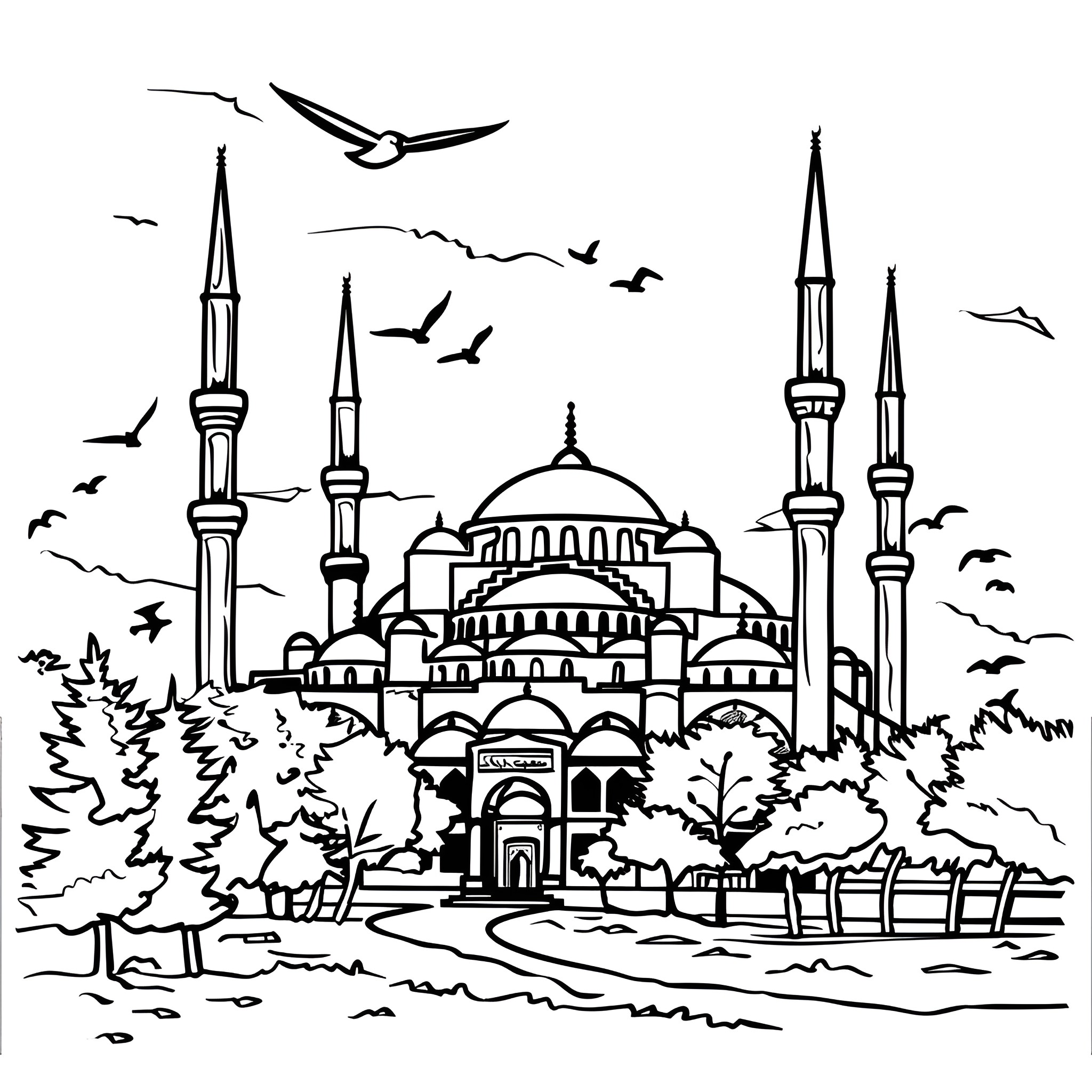Aesthetic iconic Blue Mosque and its serene landscape Coloring Page (free black-and-white line drawing printable PDF for all, from beginners to advanced learners, including children, teens, adults, and seniors)